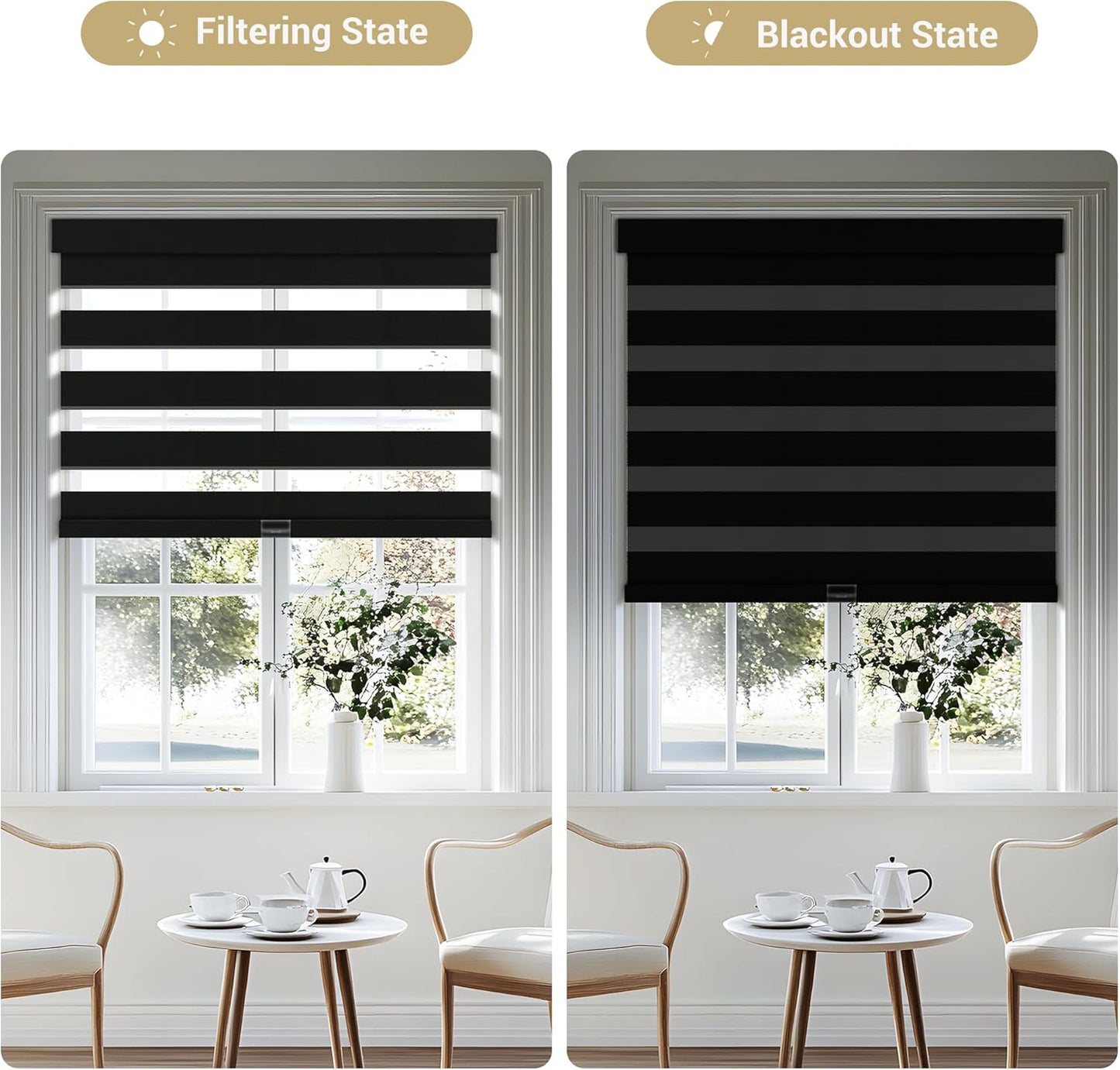 Cordless Zebra Blinds for Windows, Blackout Interior Blinds,Easy to Install,UV Protection,for Offices and Home,Custom Roller Shades, Solid Black, 19" W x 88" H