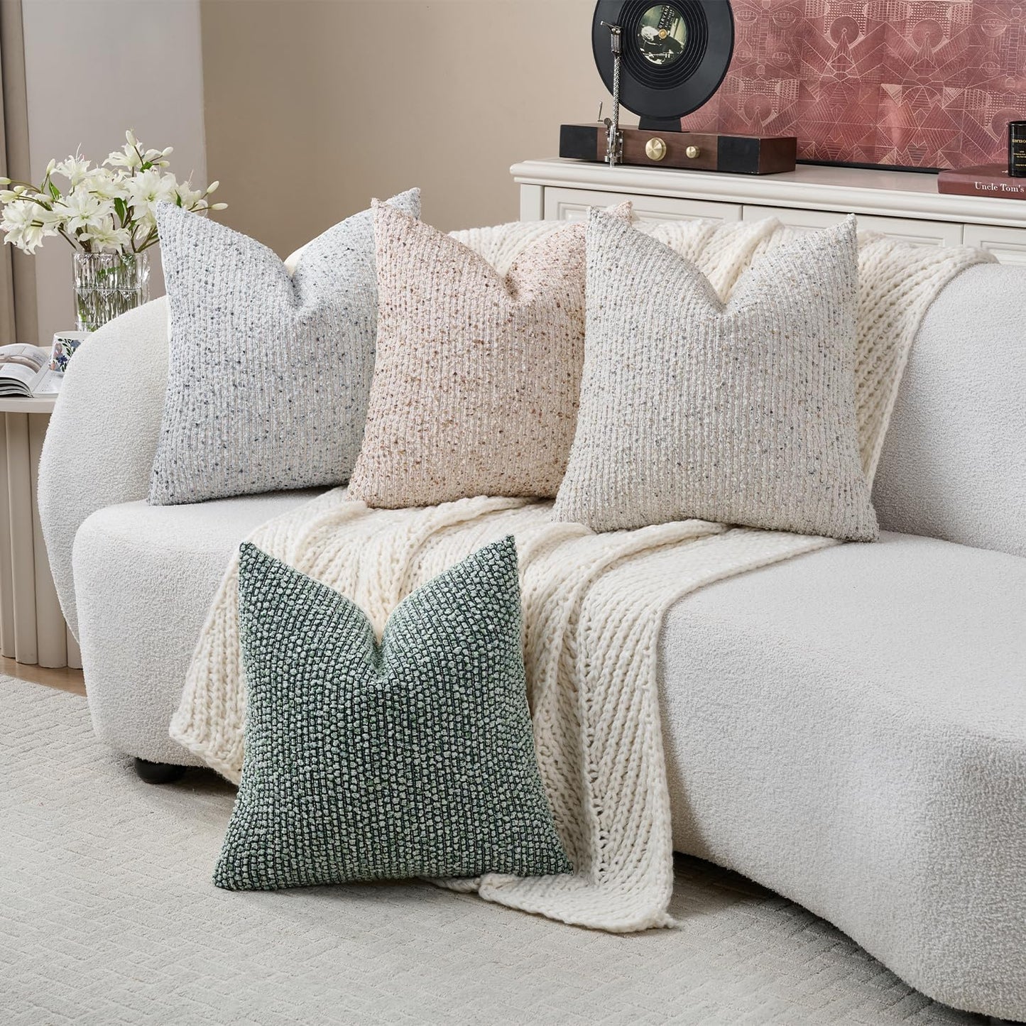 Striped Euro Sham Pillow Covers 26x26 Set of 2 Cream Grey Textured Boucle Chic Morden Boho Accent Farmhouse Square Decorative Couch Throw Pillow Covers for Home Decor Bed Sofa Living Room