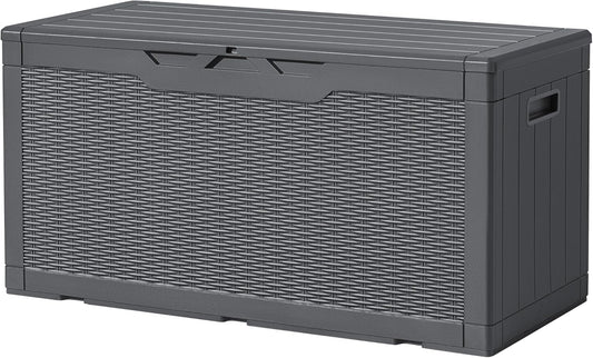 Devoko 97 Gallon Deck Box, Waterproof Resin Outdoor Storage Box for Outside and Patio, Large Outdoor Storage Bench Cabinet Lockable for Patio Furniture, Garden Tools and Pool Supplies (Gray)