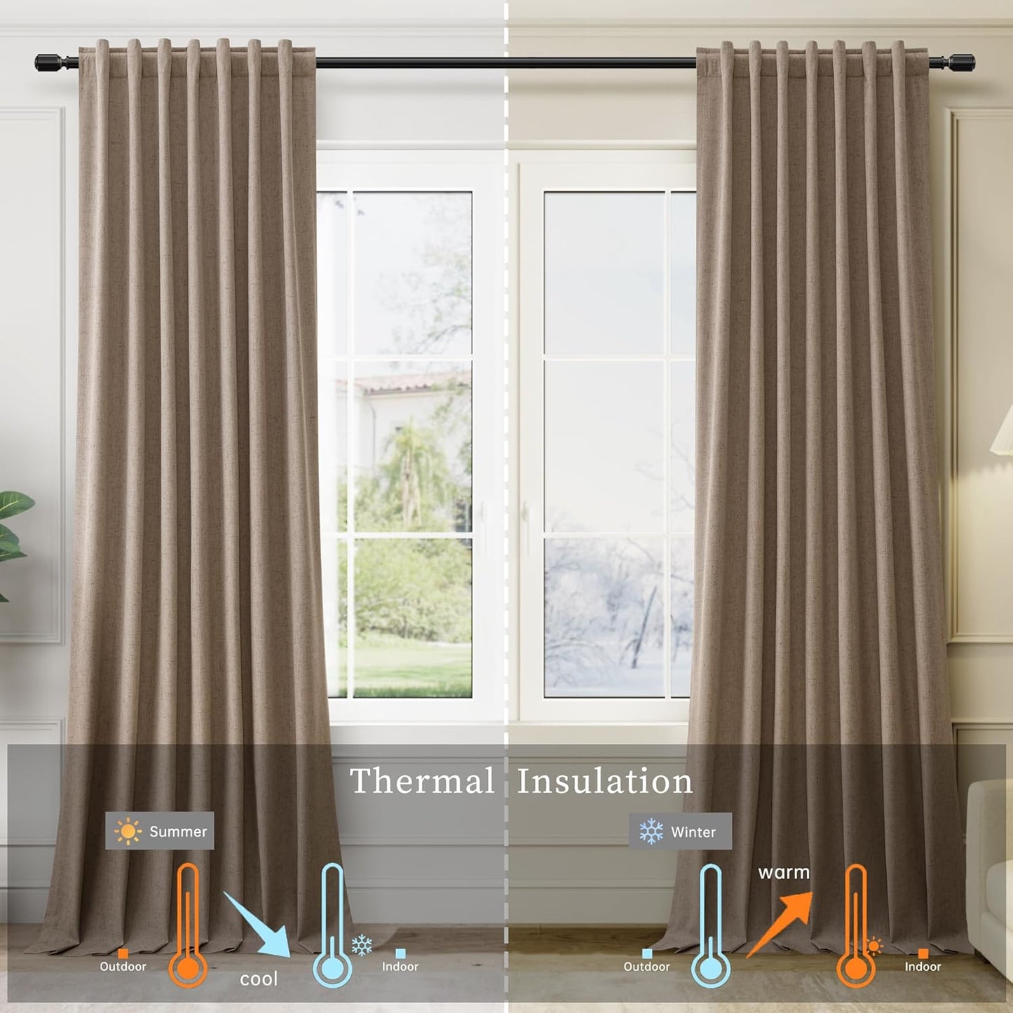 BOODII Brown Linen Blackout Curtains for Bedroom 84 Inch Length 2 Panels Set Room Darkening Curtains Black Out Curtain Neutral Thermal Insulated Living Room Winter Window Drapes Back Tab 52x84