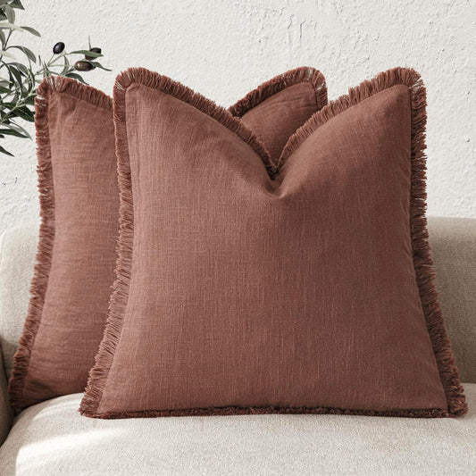 Foindtower Set of 2 Decorative Linen Fringe Throw Pillow Covers Cozy Boho Farmhouse Cushion Cover with Tassels Soft Accent Pillowcase for Couch Sofa Bed Living Room Home Decor,26×26 Inch,Rust Red