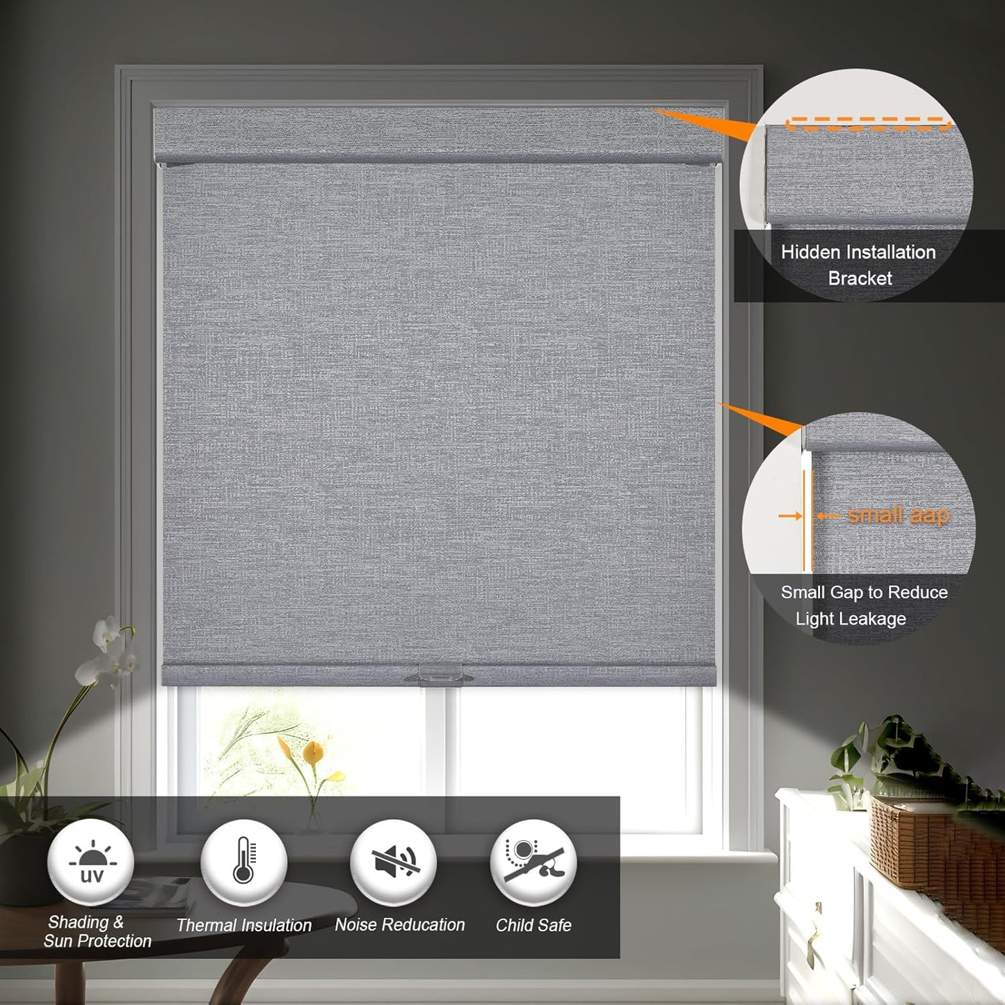 Persilux Blackout Roller Shades for Indoor Windows with Upgraded Cassette, Cordless Shades Window Blinds Pull Down for Doors, Easy to Install for Office/Living Room/Bedroom, Grey(85" W x 72" H)