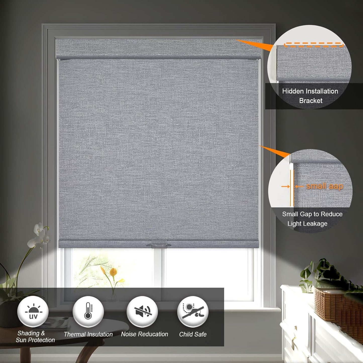 Persilux Blackout Roller Shades for Indoor Windows with Upgraded Cassette, Cordless Shades Window Blinds Pull Down for Doors, Easy to Install for Office/Living Room/Bedroom, Grey(56.5" W x 48" H)