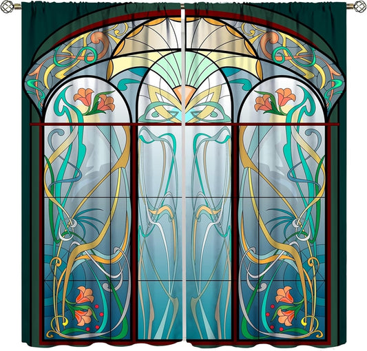 Stained Glass Curtains, Retro Mid Century Boho Abstract Art Home Decor Drapes for Bedroom Living Room Kitchen Window Treatment 2 Panels Set Total Size 72" W X 63" L Inch