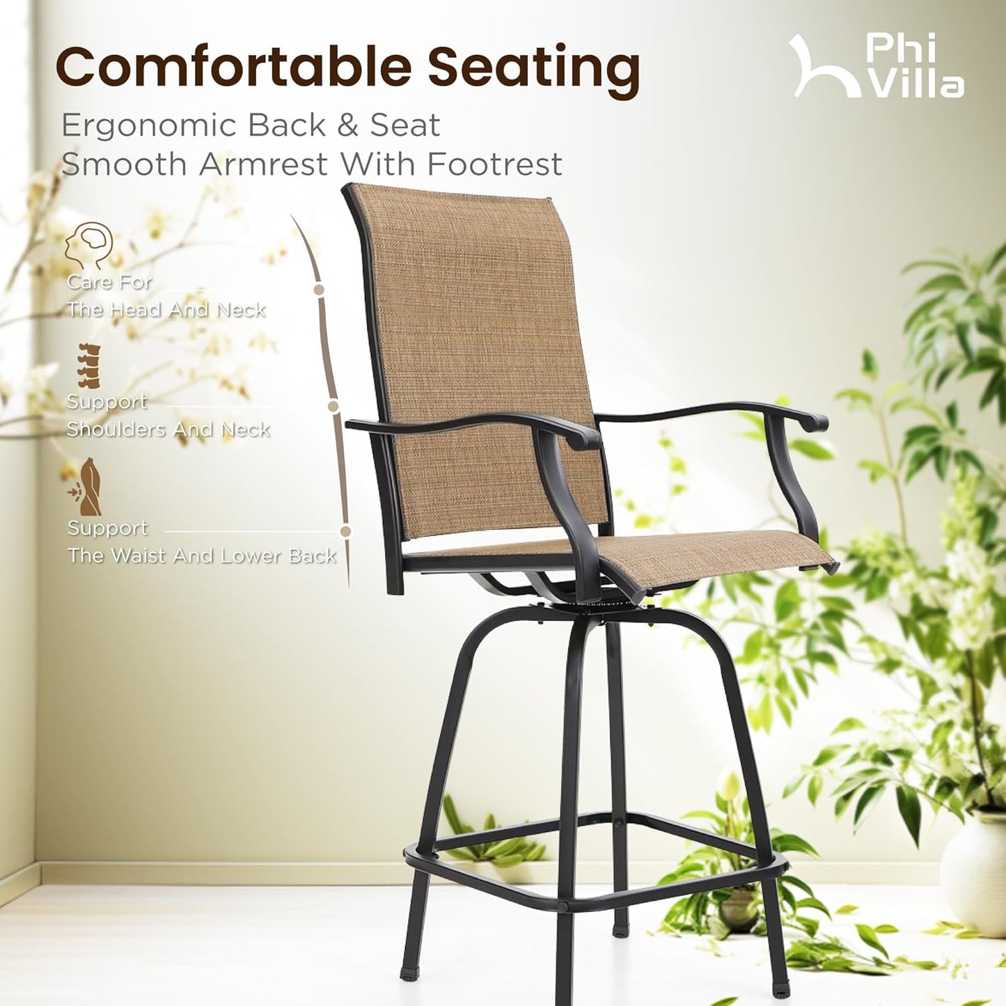 PHI VILLA Outdoor Patio Bar Set for 5, High Top Patio Bar Table and Chairs Set with 4 Patio Swivel Bar Stools & 40" Wooden-Like Steel Bar Height Table for Garden and Yard, Brown & Yellow