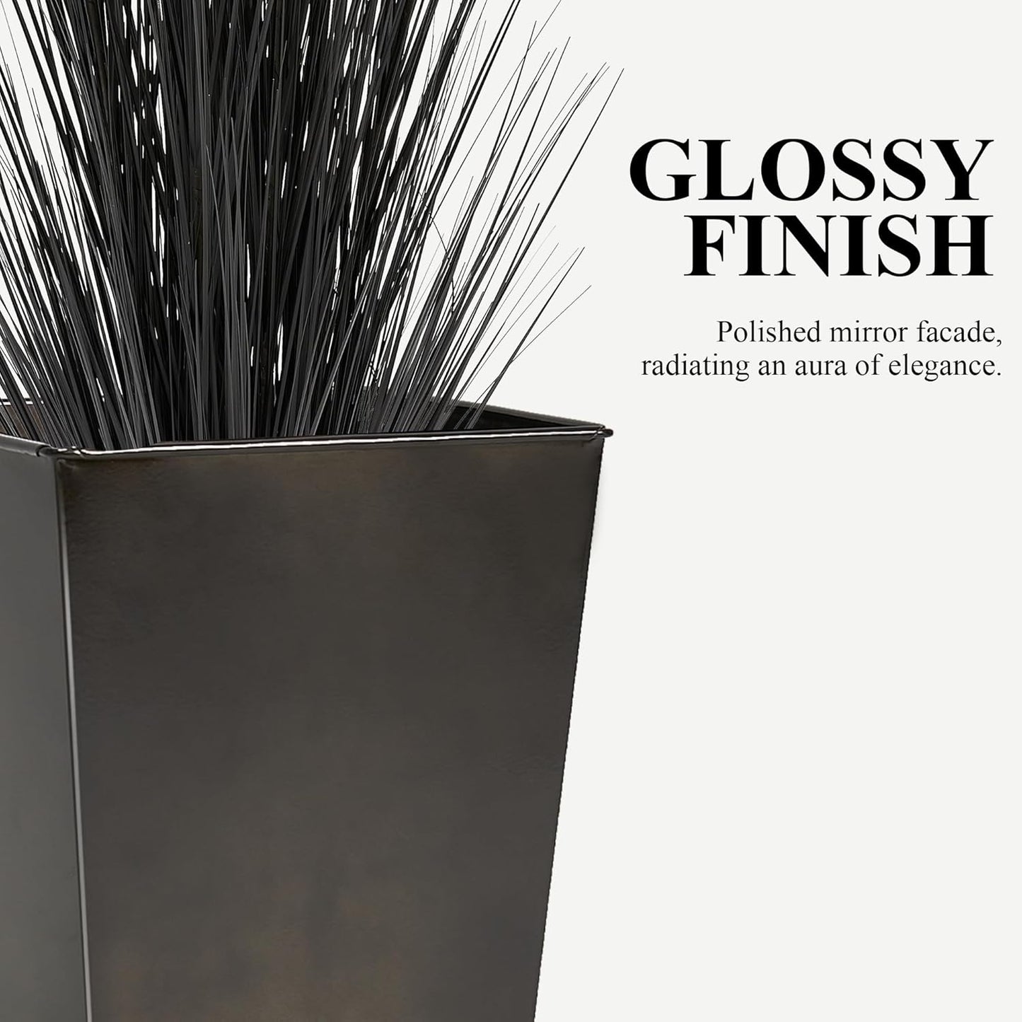 WORTH Garden Large Metal Glazed Planter Set of 2 (25" + 28"), Luxurious Glossy Finish Black Tall Square Tapered Steel Plant Pot, Decor Flower Pot Indoor & Outdoor, Drainage Hole & Dual-Purpose Saucer