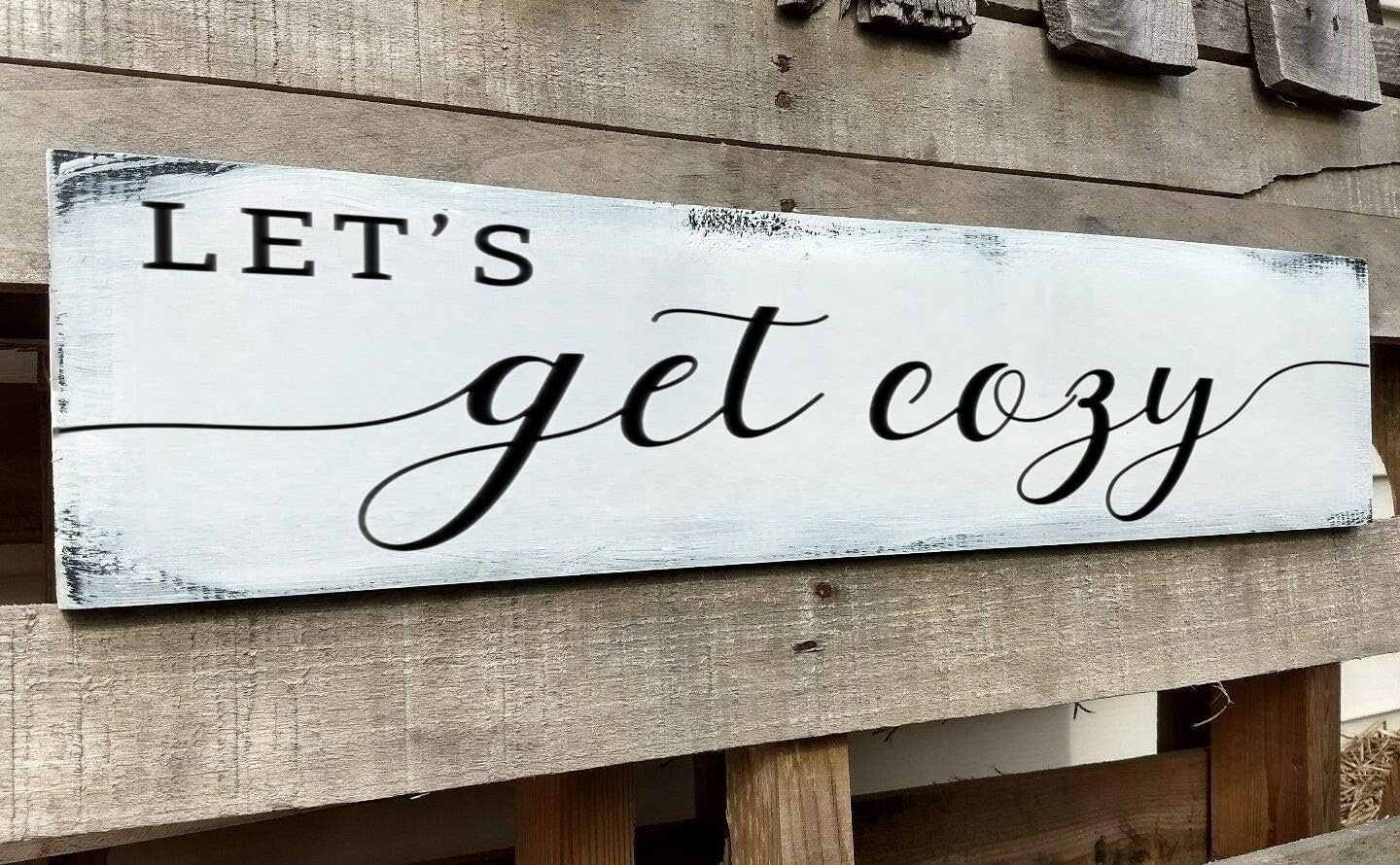 Let's Get Cozy Sign, Farmhouse Bedroom Wall Art Decor,Plaque Decorations Wood Sign for Housewarming Gift (Let's Get Cozy) 4x16 Inch