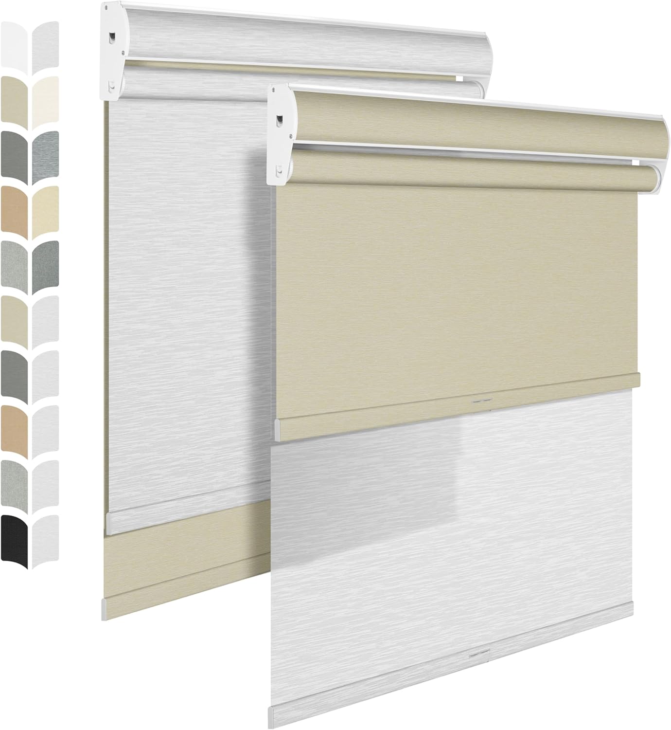 BERISSA Cordless Dual Roller Shades with Cassette Valance, Double Window Shades - Blackout and Light Filtering, Day and Night for Home Office Door. Beige and White. 50 W x 80" H
