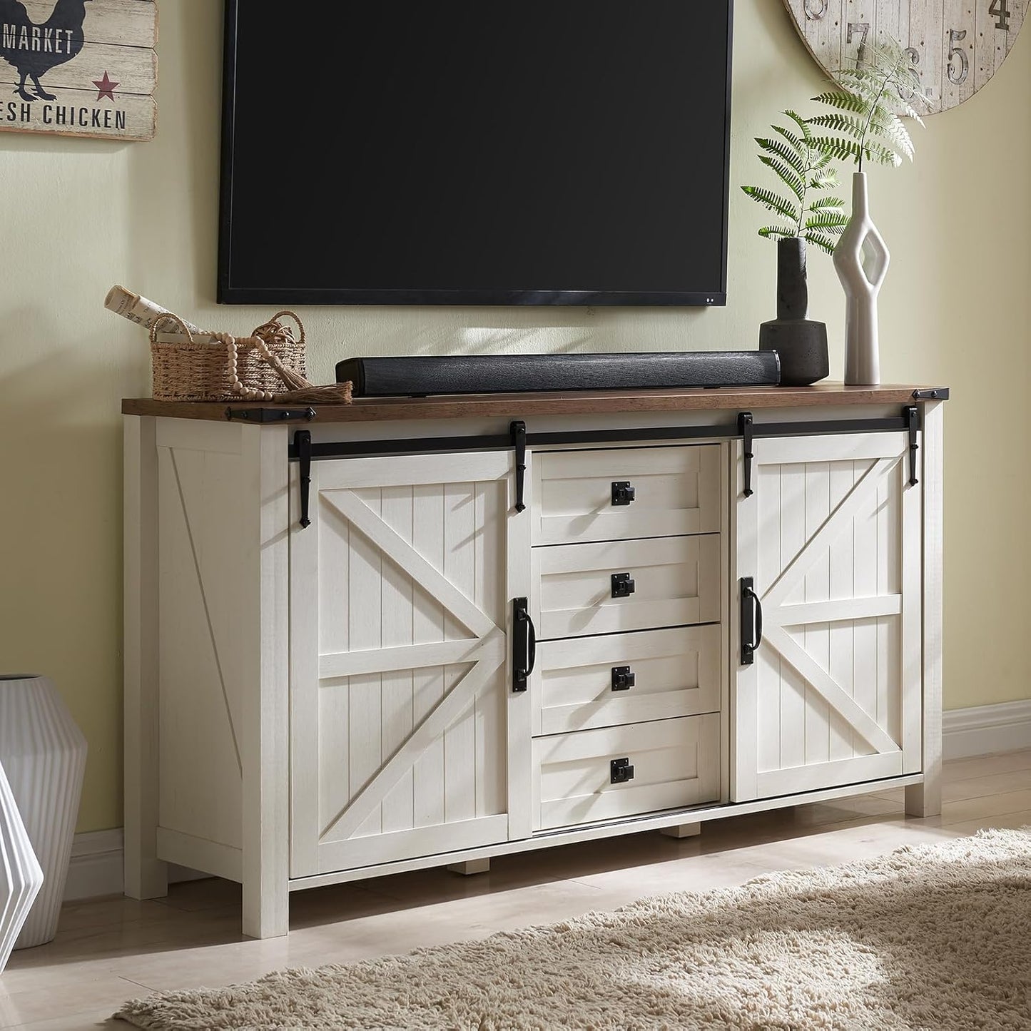 T4TREAM 60'' Farmhouse Dresser Chests for Bedroom w/4 Drawers & Sliding Barn Doors, Tall Chest of Drawers, Rustic Dresser TV Stand, Organizer for Bedroom, Living Room, Kitchen, Antique White