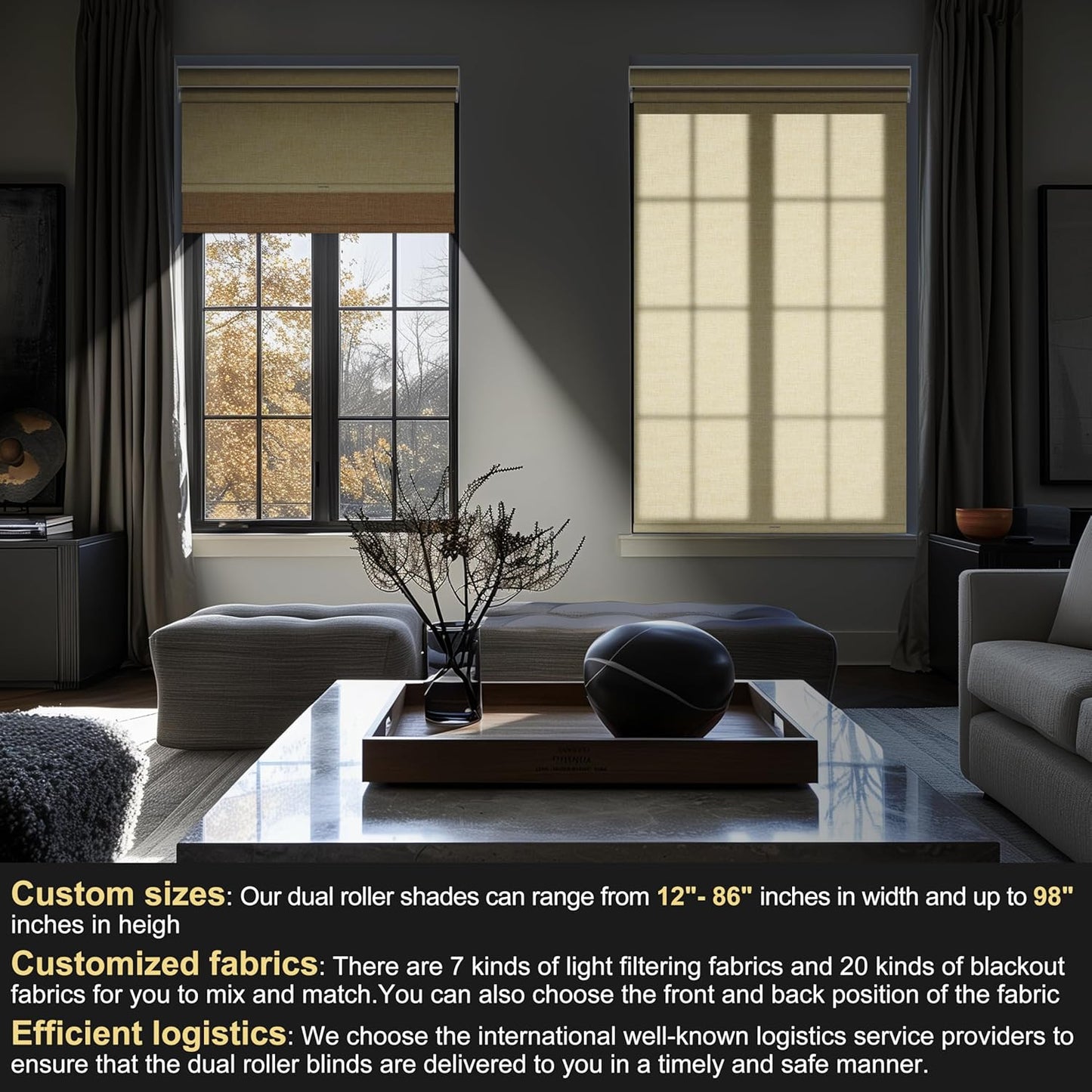 BERISSA Dual Roller Shades with Cassette Valance - Double, Light Filtering & Blackout Linen Beige (38 W x 56" H) for Home, Office or Door