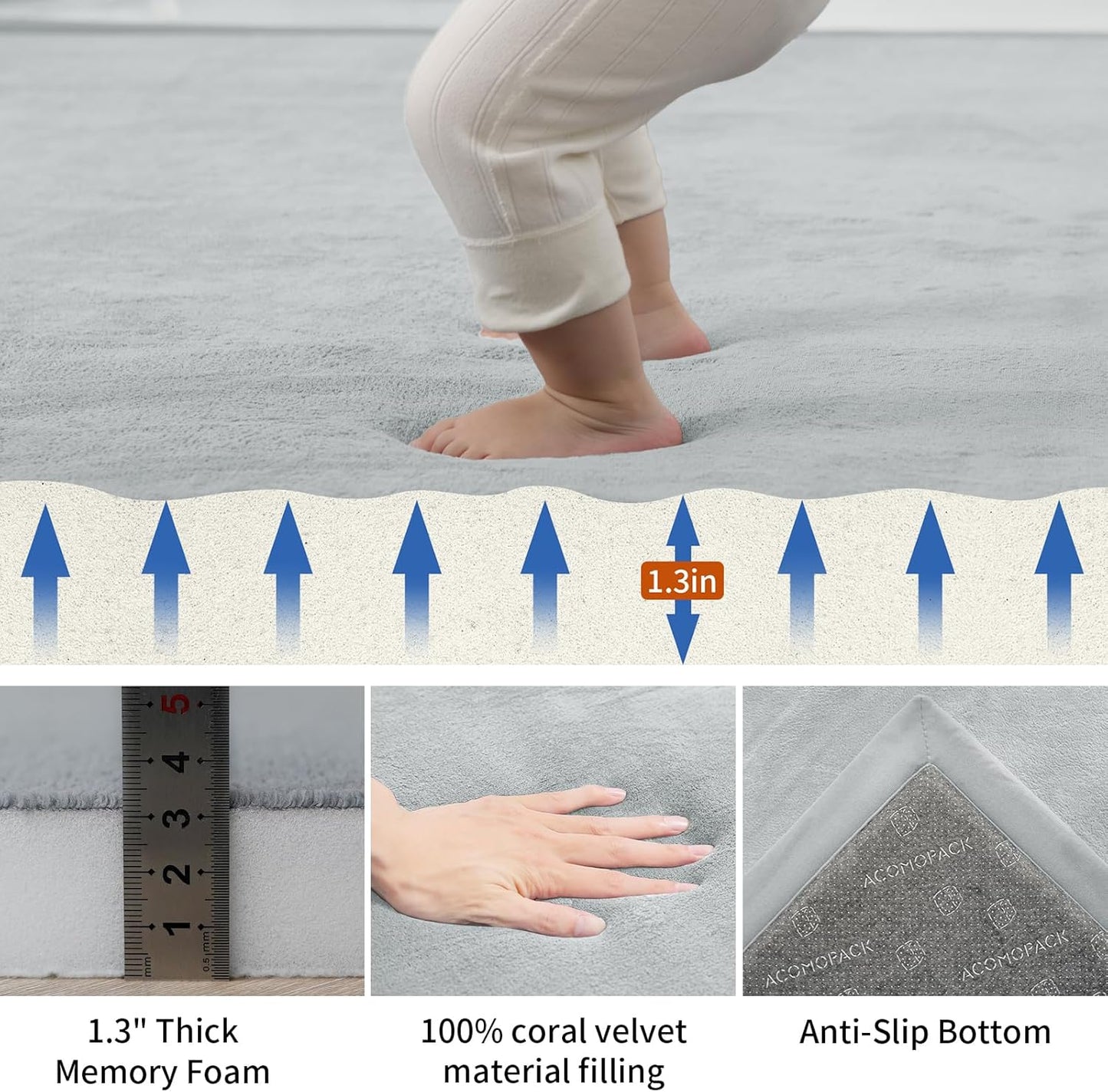 ACOMOPACK Baby Play Mat for Floor,1.3" Thick Memory Foam Area Rug for Living Room,Soft Velvet Crawling with Non-Slip Bottom for Kid,Toddler,79"×118" Tummy Time Nursery Rugs,Yoga（Light Grey）