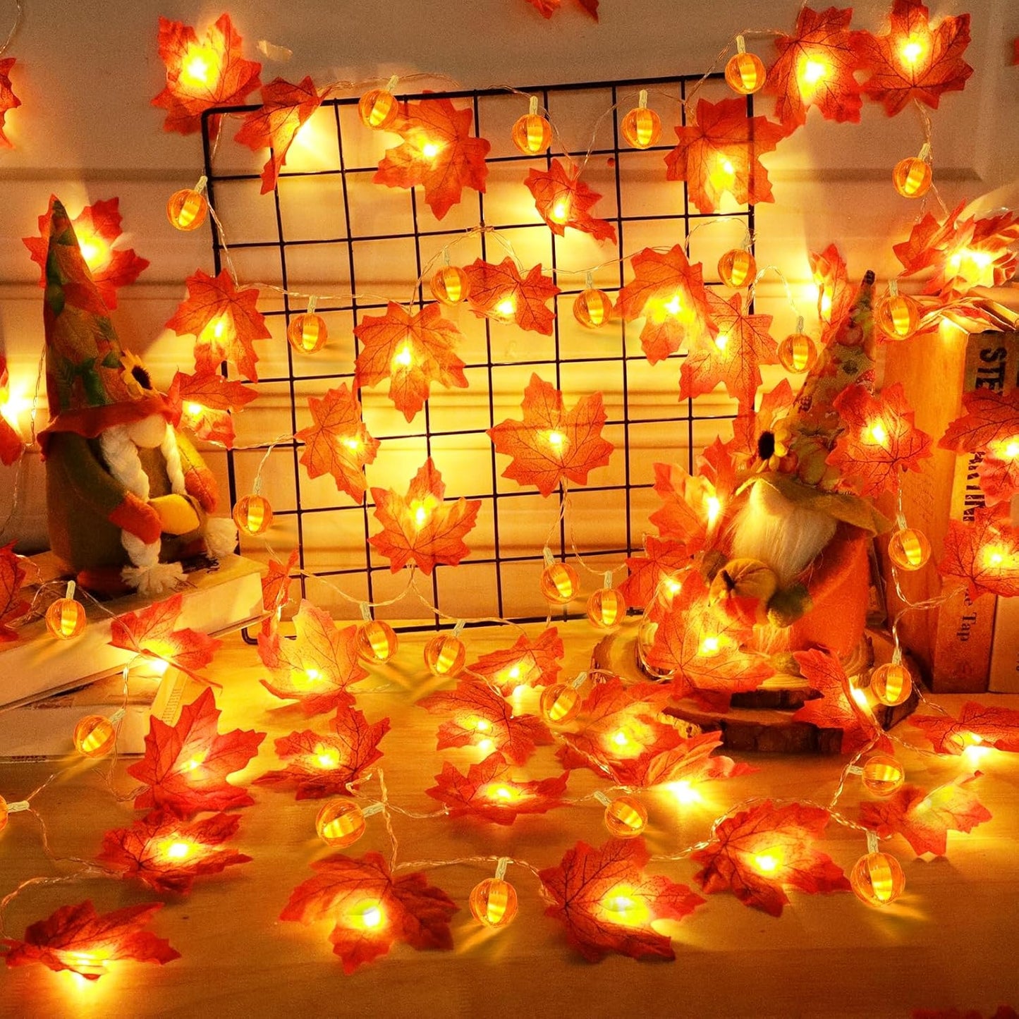 2 Pack Fall Garland with Pumpkin Lights Halloween Decorations Indoor 60 LED 20 Ft Enlarged Maples Leaves Fall Lights Battery Operated Halloween Garland Thanksgiving Decor Home Indoor Outdoor Christmas