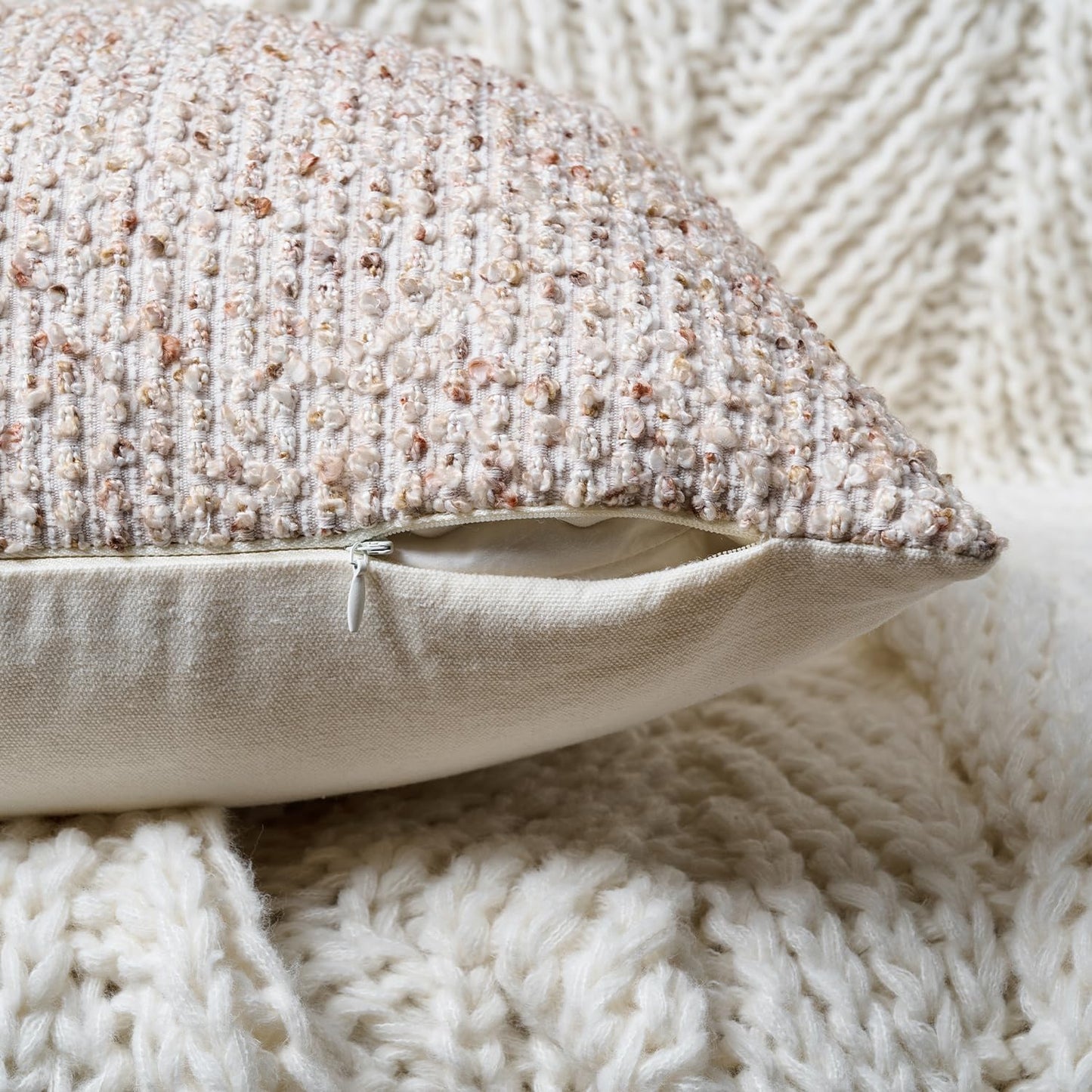 Striped Throw Pillow Covers 16x16 Set of 2 Beige Textured Boucle Chic Morden Boho Accent Farmhouse Square Decorative Couch Pillow Covers for Home Decor Bed Sofa Living Room