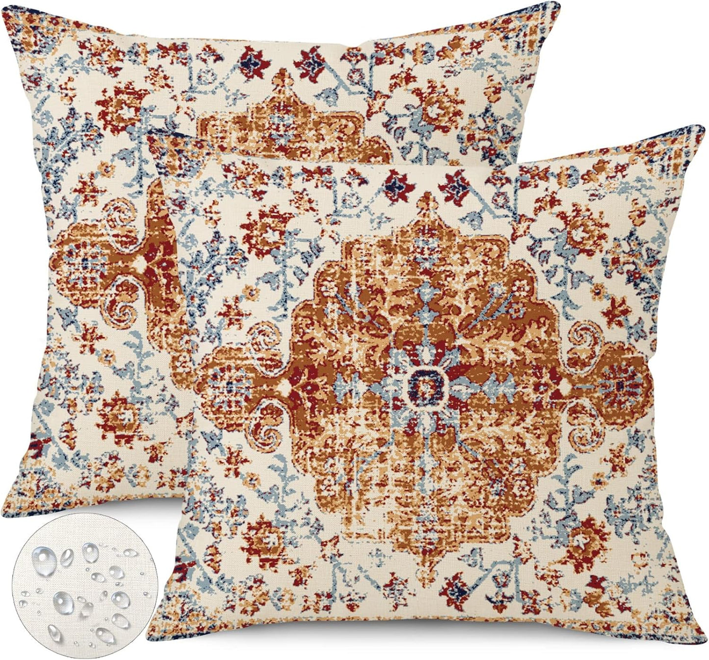 Outdoor Waterproof Pillow Covers - 20x20 Inch Set of 2 Bohemian Vintage Carpet Pattern Pillow Covers in Brown and Blue Ethnic Design for Decorative Farmhouse, Couch, Garden, Balcony