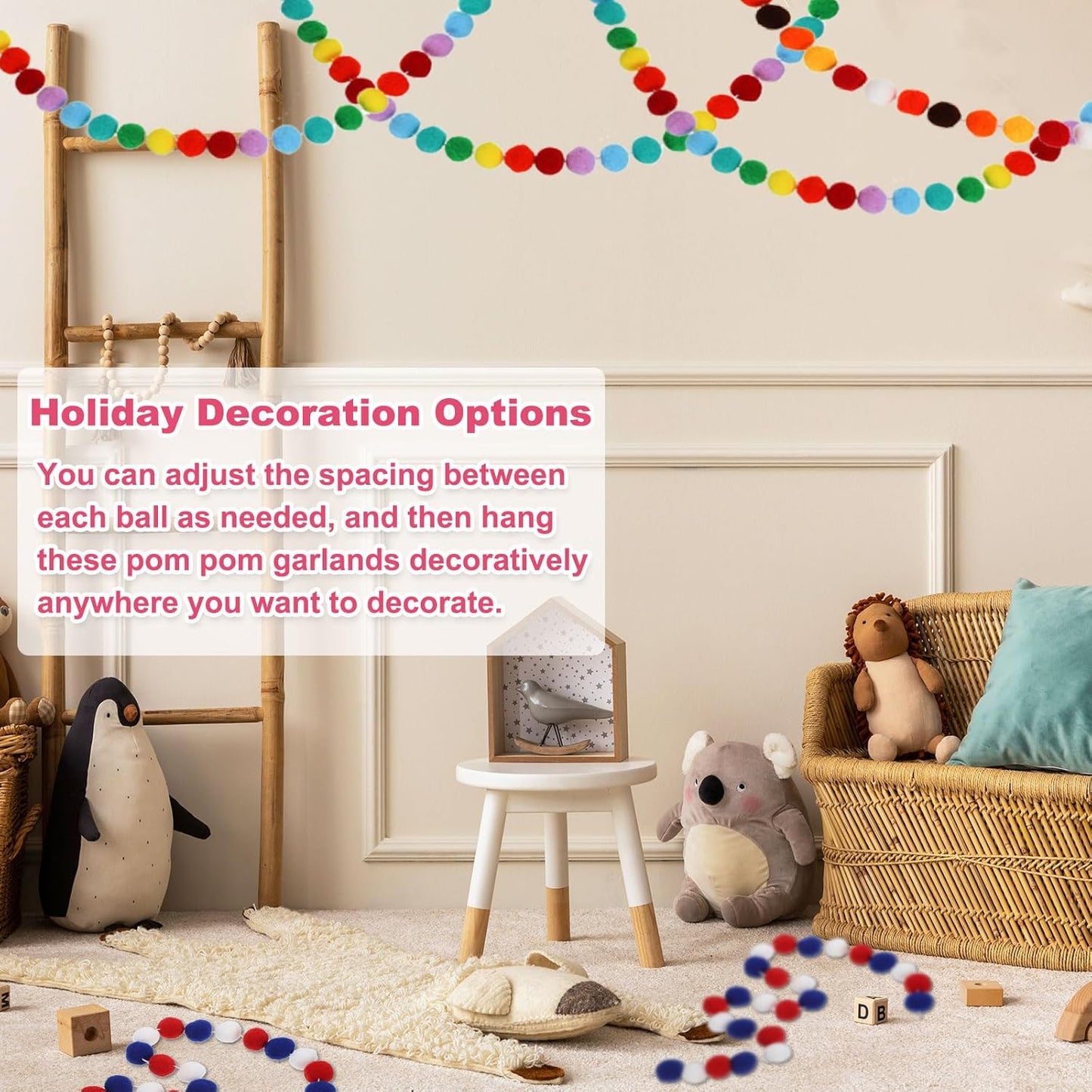 PATIKIL 26Ft Pom Pom Garland Decorations, 4Pcs Colorful Felt Ball Garland Banner Cute Rainbow Pompom Hanging Decorations for Tree Ornaments Homes Decor, Red/Green/White