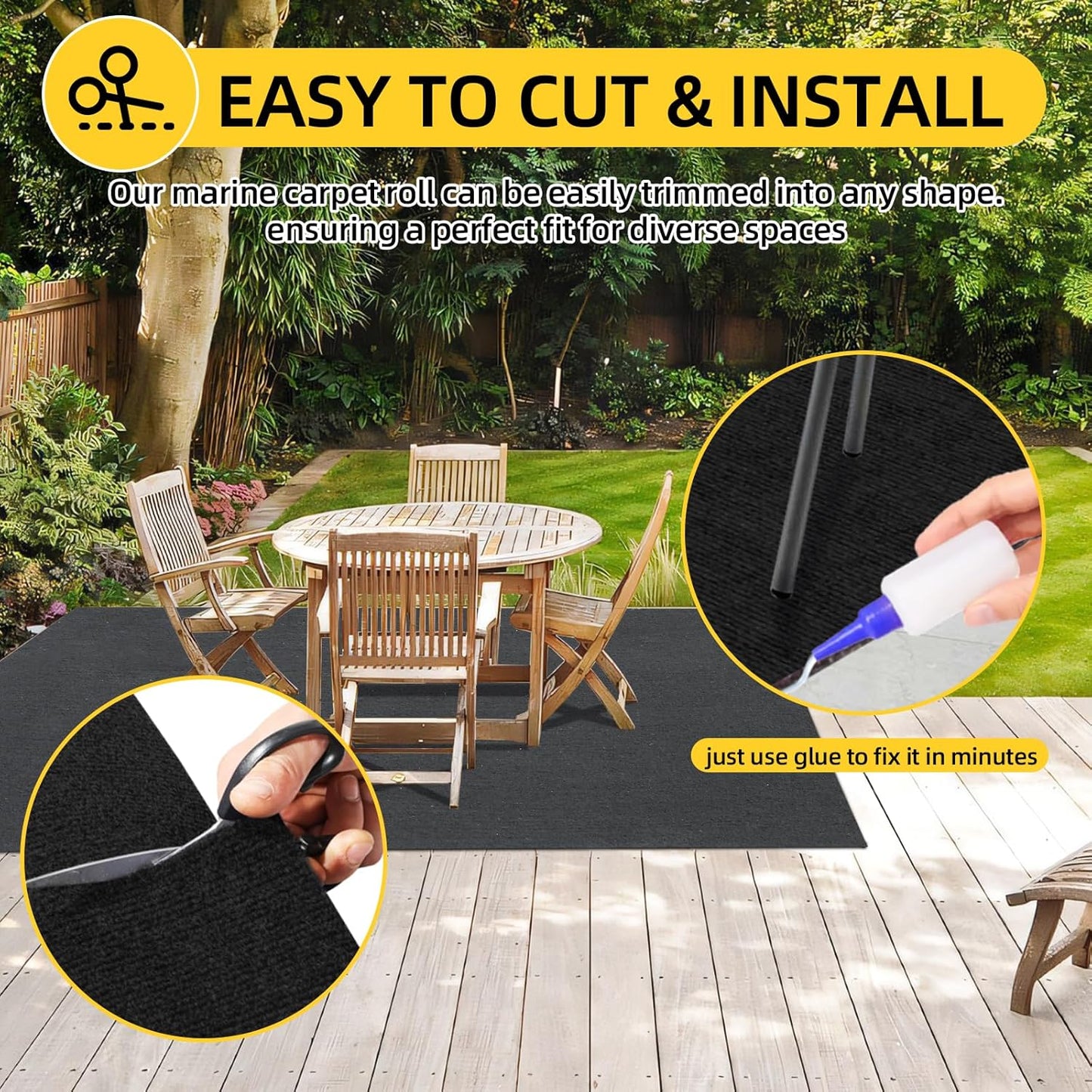 Marine Carpet, 5 FT x 20 FT Black Indoor/Outdoor Carpet, 0.2" Thick, Non-Slip, Waterproof, Machine Made, High Pile, Rectangular Area Rug