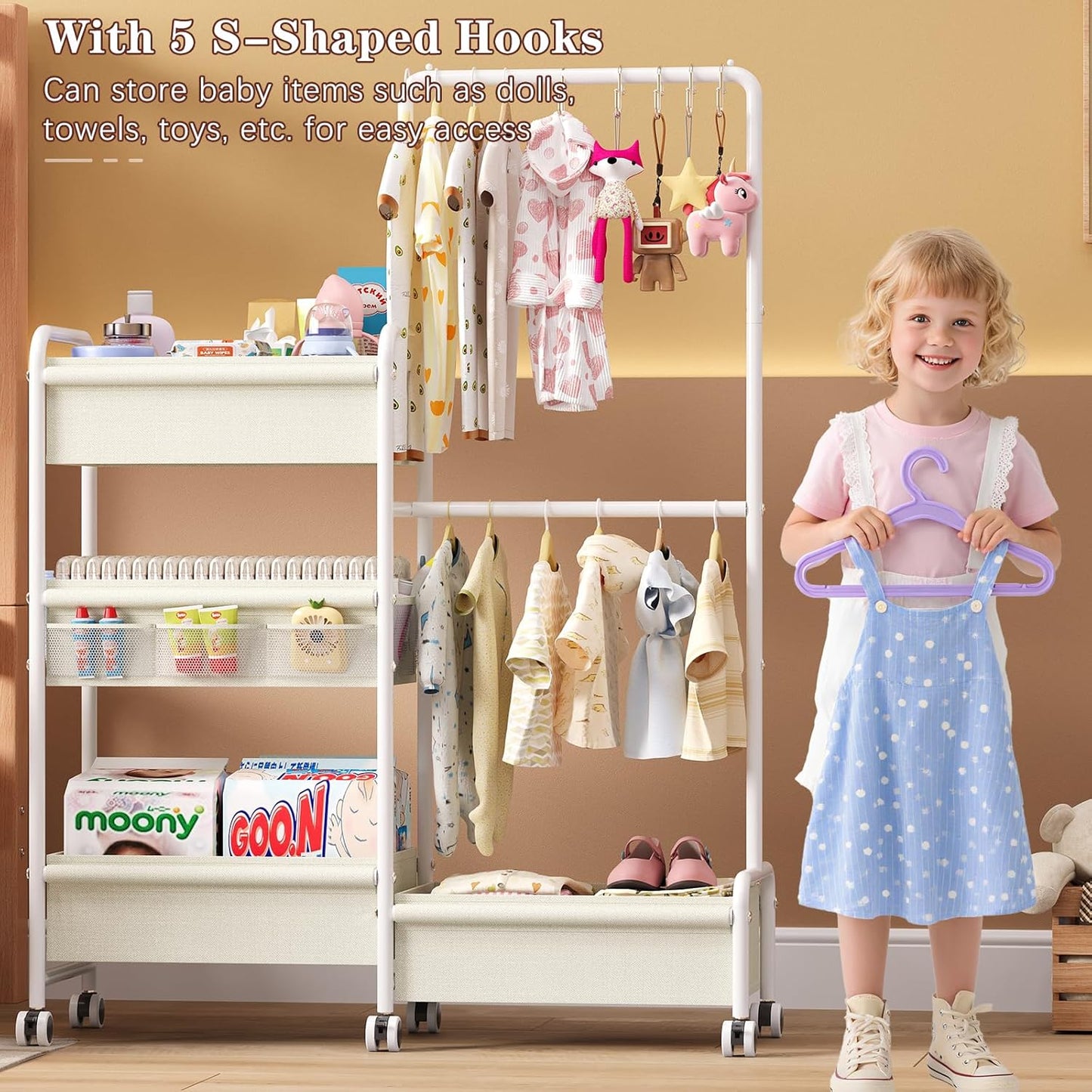 2in1 Baby Diaper Caddy & Clothes Organizer and Storage Rolling Cart, Large Capacity Nursery Organization For Baby Dresser,Changing Table, Crib, With 2 Dividers & 7 Pockets,White