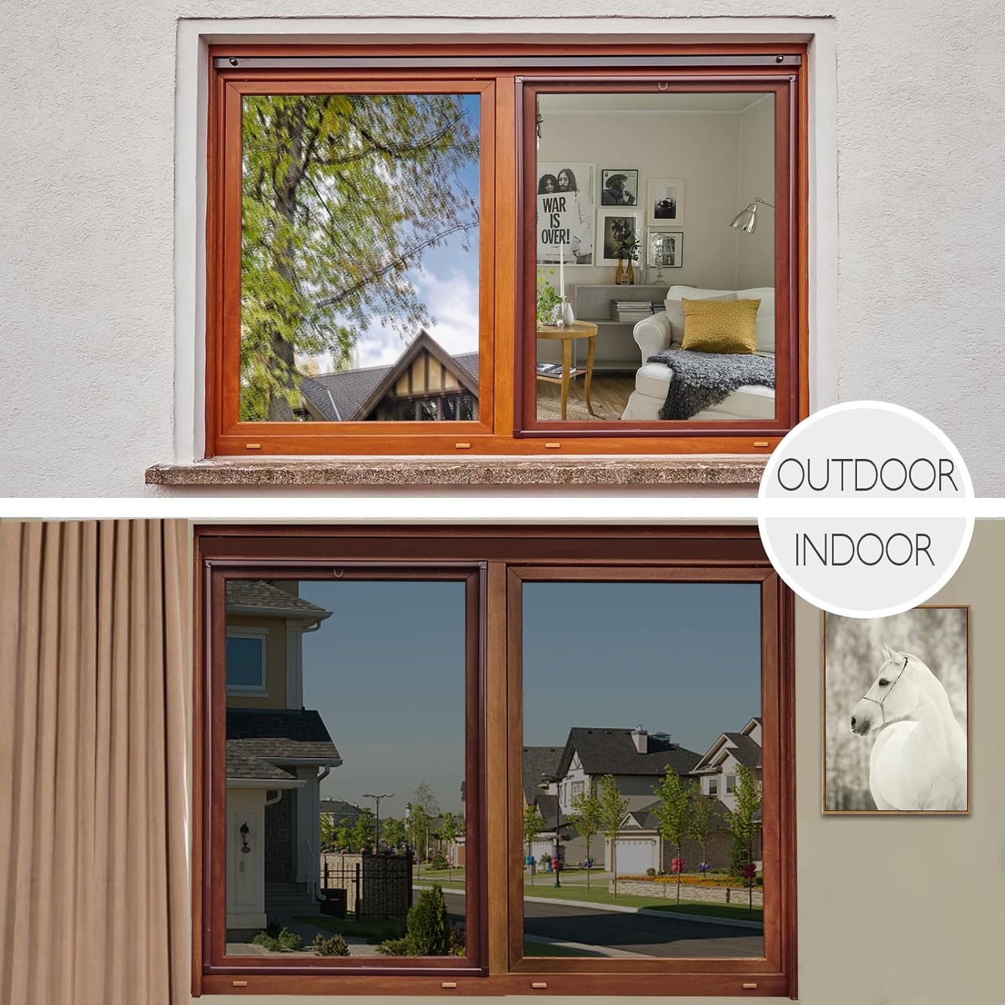 HIDBEA One Way Privacy Window Film, Daytime Mirror Reflective Heat Control UV Sun Blocking Non-Adhesive Static Cling Window Tint for Home and Office (Black-Silver, 35.4 Inch × 6.5 Feet)