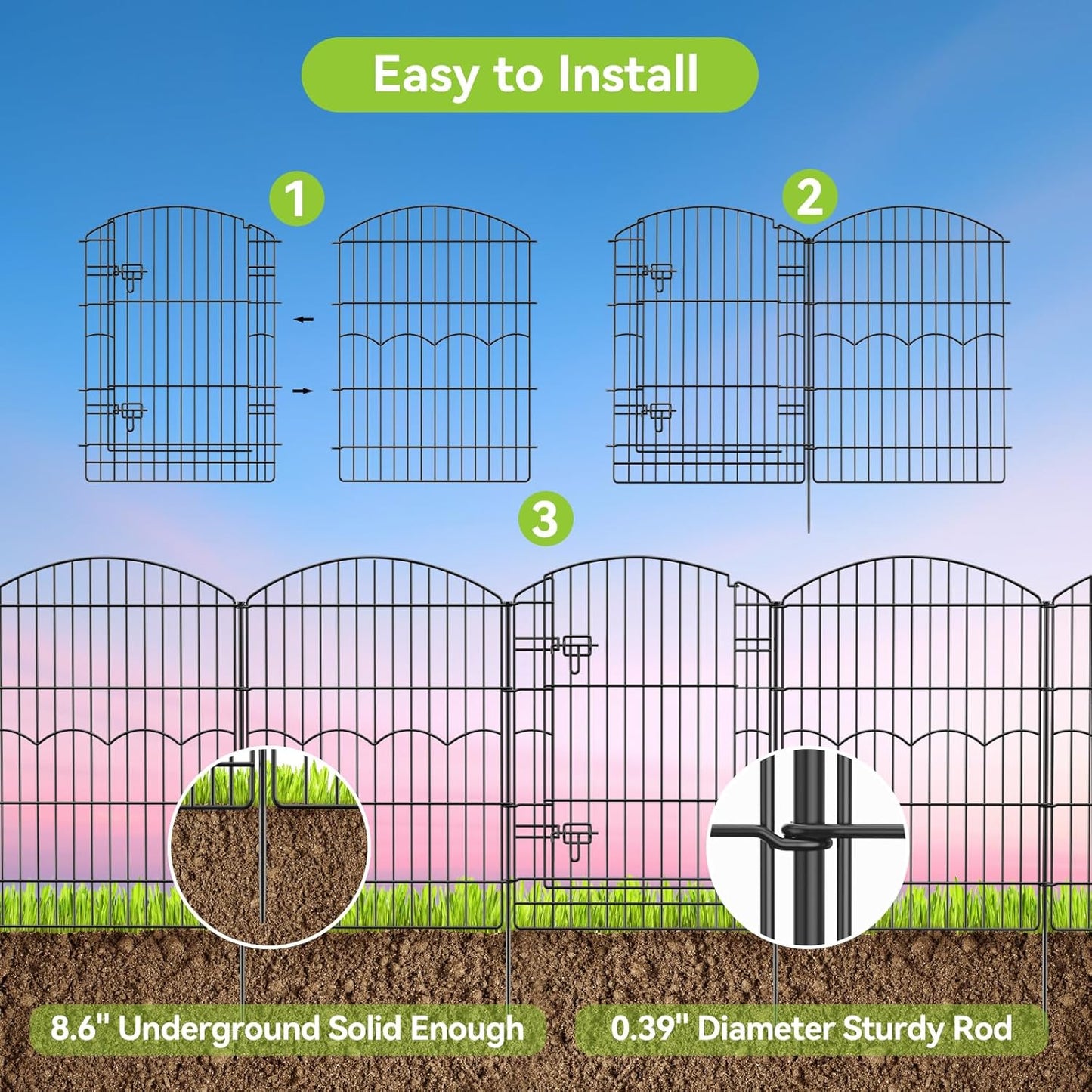 Decorative Garden Fence 12 Panels 29.6ft(L)×38in(H) No Dig Animal Barrier Fencing with 11 Panels + 1 Gate, Metal Garden Fences Rustproof Wire Border Temporary Dog Fence for Patio Yard Outdoor