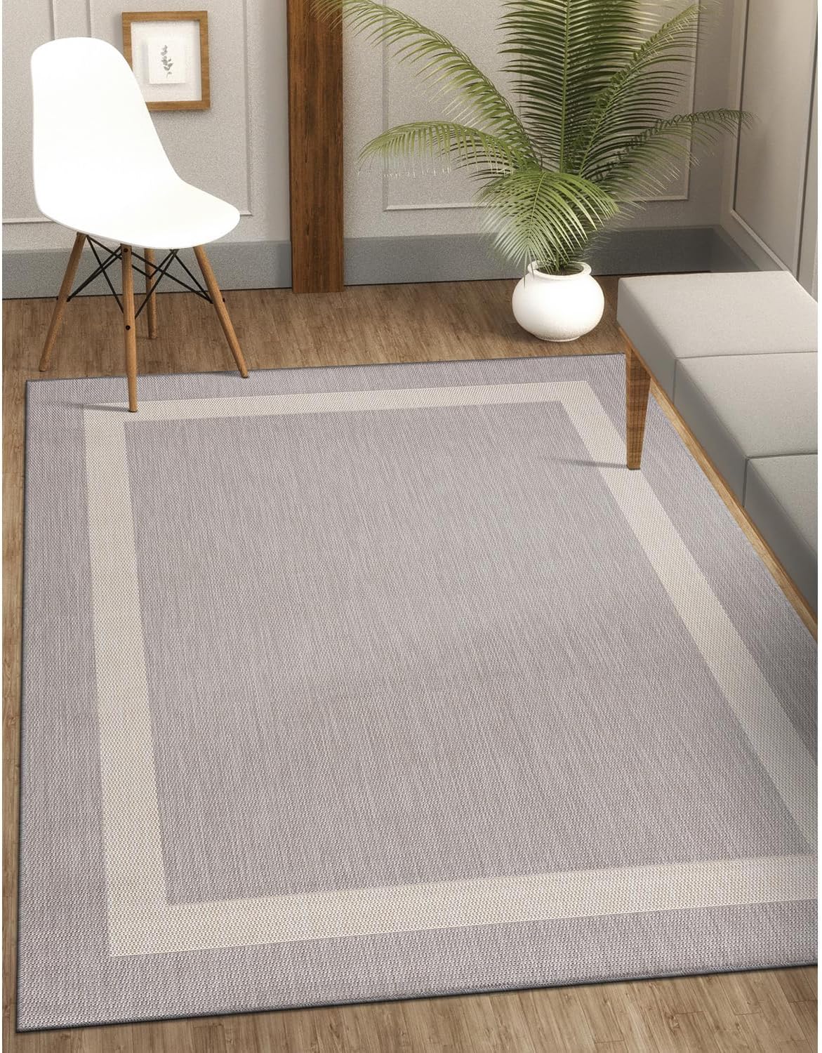 CAMILSON Outdoor Rug 5x7,Modern Outside Rugs for Patios Porches Waterproof Durable Washable Non-Shedding, Easy-to-Clean Indoor Outdoor Area Carpet (5 x 7, Bordered - Gray/White)