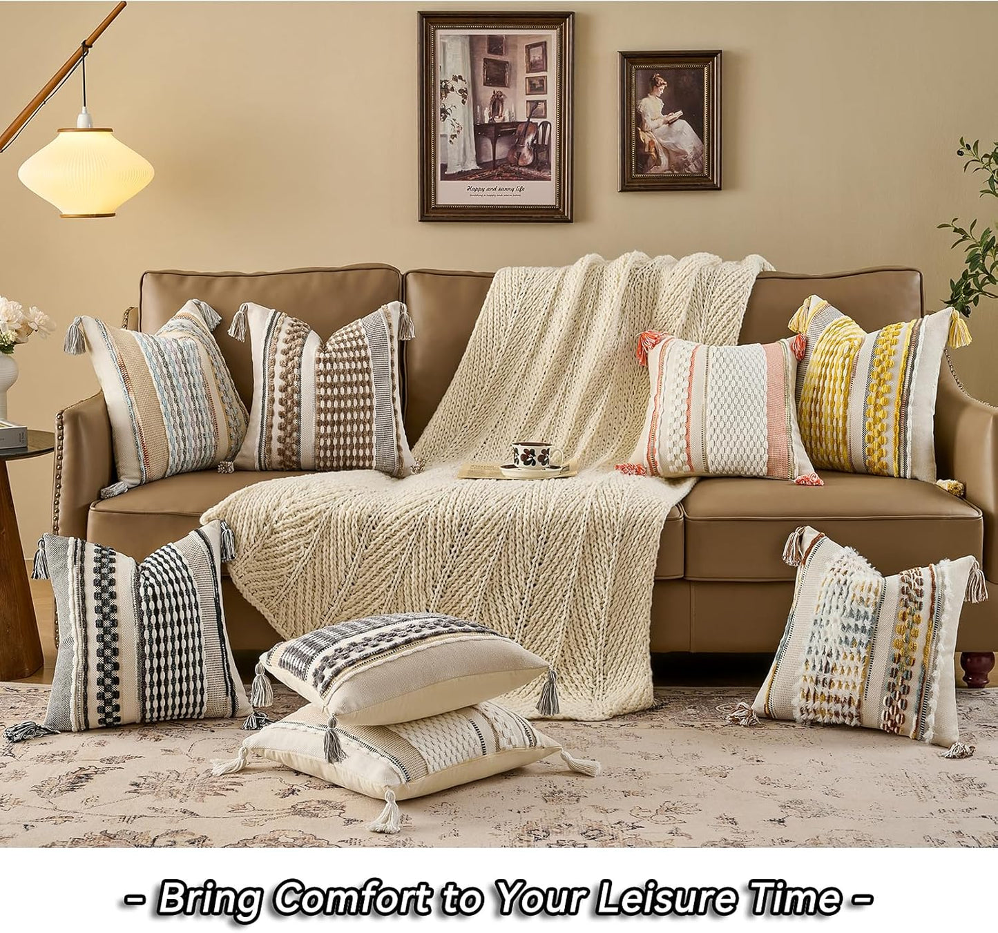 AmHoo Chenille Striped Textured Boho Throw Pillow Covers Aesthetic with Tassels Woven Decorative Pillow Case for Couch Bed Sofa Bedroom Modern Funky 18 x 18-Inch Taos Taupe
