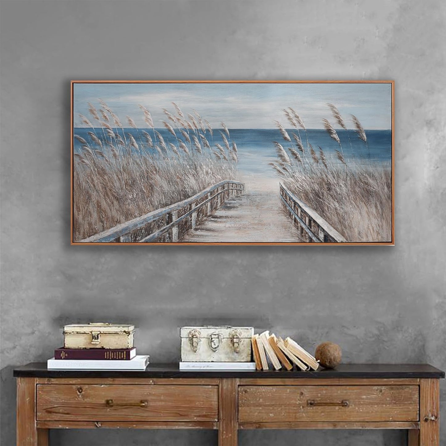 Framed Wall Art Scene Decor Canvas Print Painting Picture Artwork Framed Reed And Blue Coast Landscape Large Size For Living Room Bedroom Living Room And Office Wall Decor 29"X58"