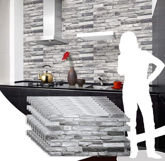 Dundee Deco GRAZPG7117-10 Grey Faux Stone PVC 3D Wall Panel, 3.2 ft X 1.6 ft (98cm X 50cm), Interior Design Wall Paneling Decor, 5.3 sq. ft. (0.49 sq. m) Each, Pack of 10
