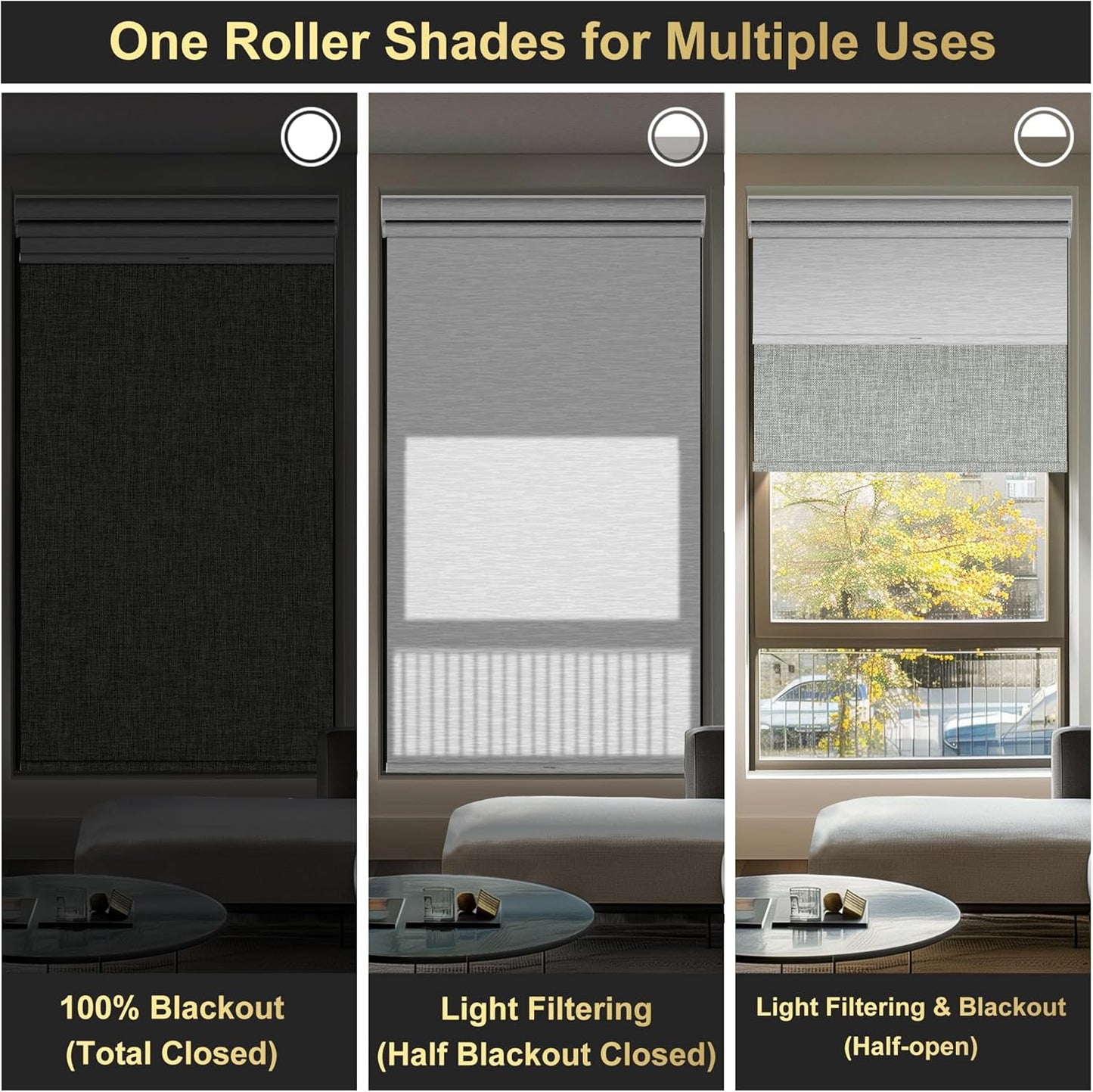 BERISSA Cordless Roller Shades with Cassette Valance, Double Window Shades - Blackout and Light Filtering, Day and Night Shades for Home Office Door. Linen Grey and White. 47 W x 36" H