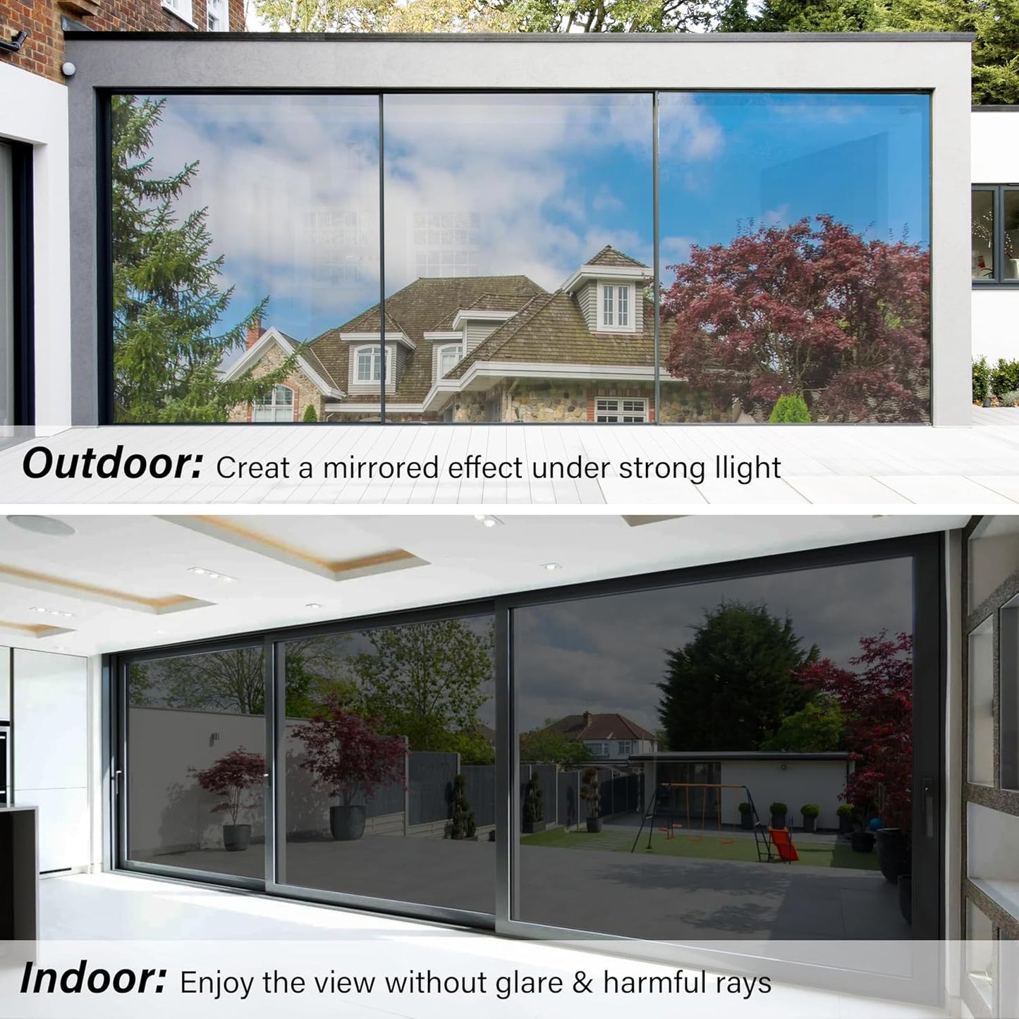 Kromapolis One Way Window Privacy Film Reflective Mirror Home Window Tint, Daytime Privacy Heat Control Anti UV Glass Tinting Static Cling (Black-Silver, 29.5 x 78.7 inch)