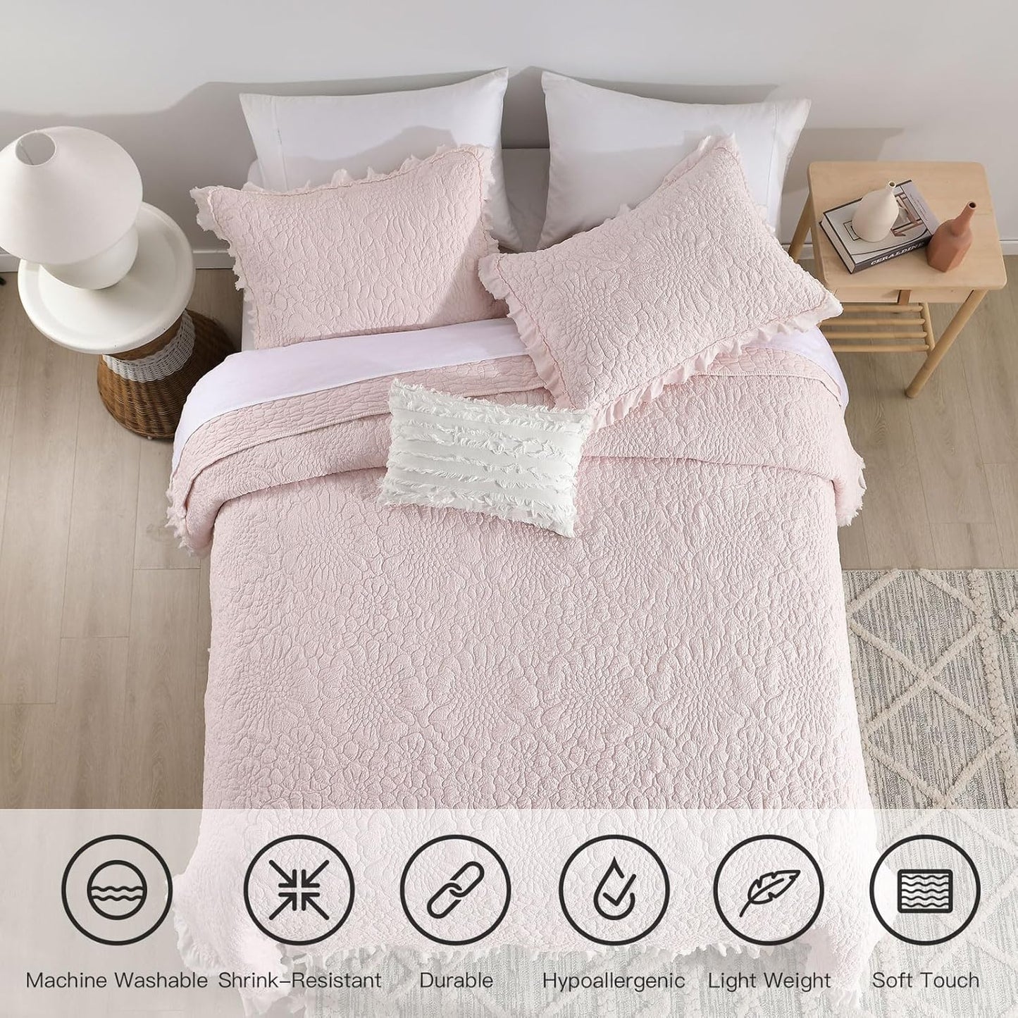 HORIMOTE HOME Pink Ruffled Quilt King Size, Stone-Washed Microfiber Lightweight Crinkled Farmhouse Rustic Shabby Chic Bedding Set, 3 Pieces Reversible Bedspread with Pillow Shams for All Season