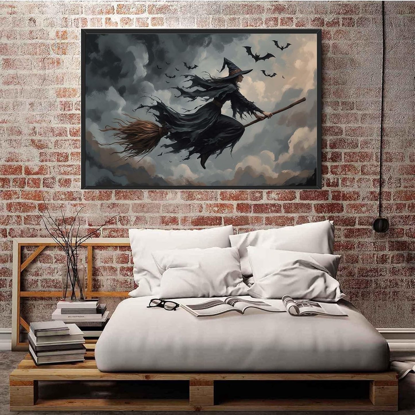 JFHCQJPK Witch and bat flying Halloween poster suitable for home party wall decoration retro Halloween preppy style wall art canvas print suitable for room decoration24x36in Metal blackFramed