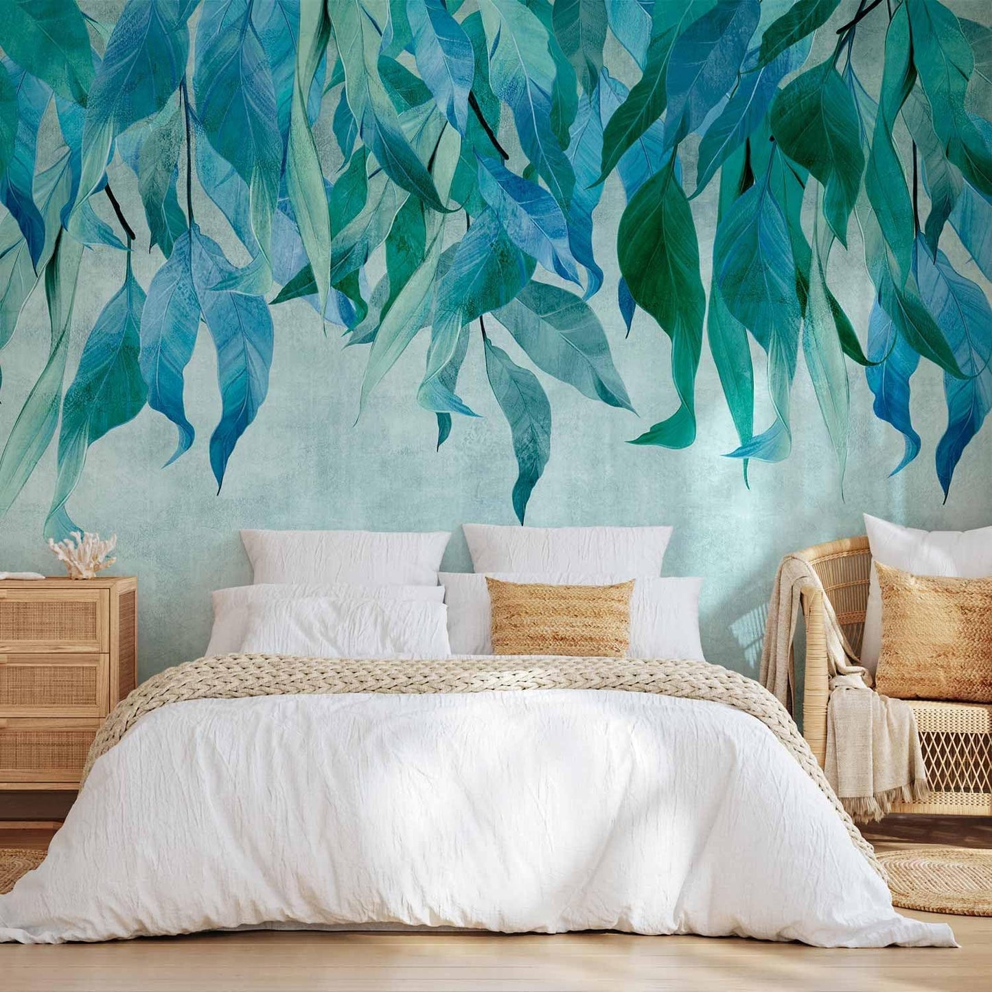 artgeist Wall Mural Hanging Leaves 118x83 in - Non-Woven Wallpaper Fleece Wall Decor Photo Print Picture Image Design Nature Botanical Concrete Green Blue b-C-10146-a-b