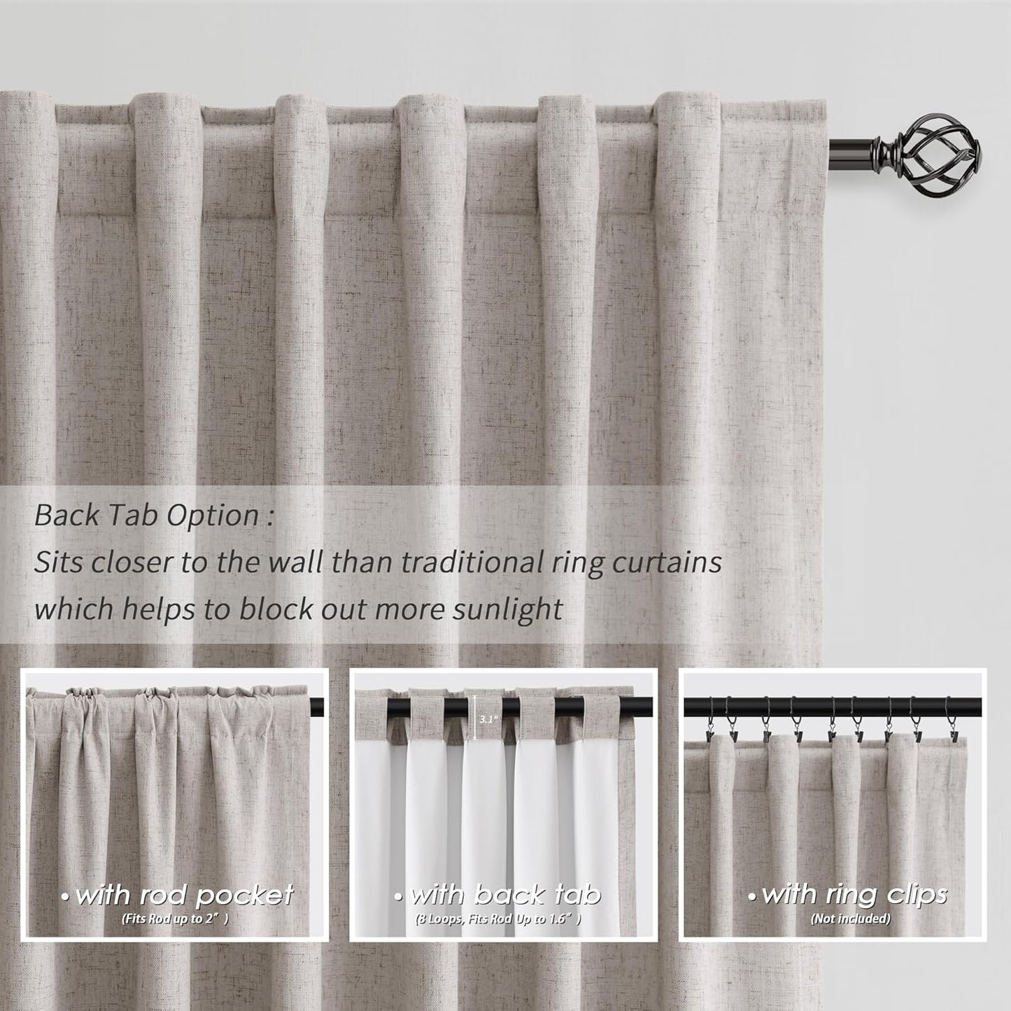 BOODII 63 Inch Blackout Curtains Linen Black Out Curtains for Bedroom 2 Panels Set Neutral Room Darkening Curtain Brownish Grey Thermal Insulated Curtain for Nursery Window Drapes Back Tab 52x63
