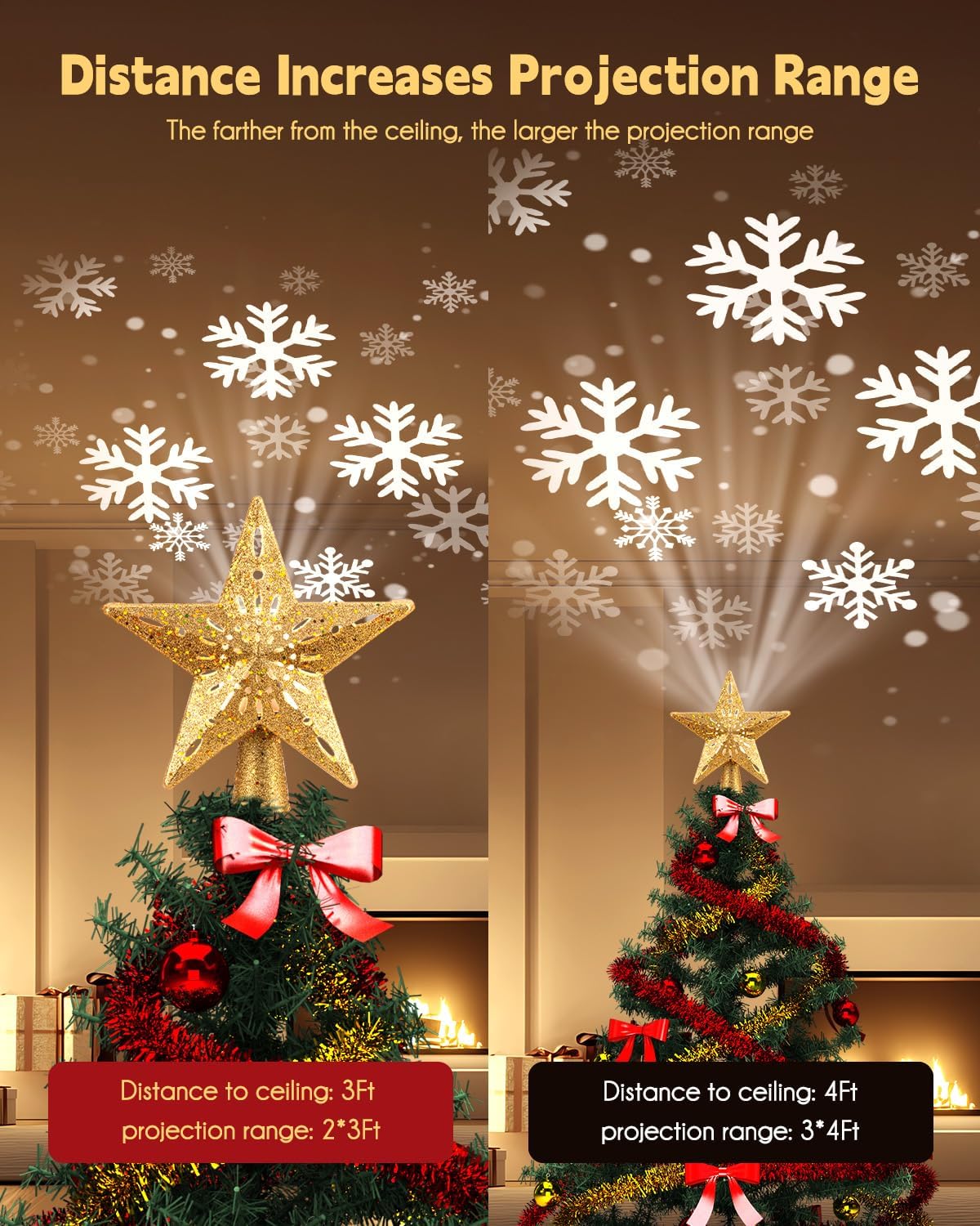 Christmas Star Tree Topper with Built-in Led Snowflake Projector Lights Hollowed Pentagram Tree Topper,Plug in Christmas Tree Ornament for Indoor Office Xmas New Year Holiday Tree Decoration