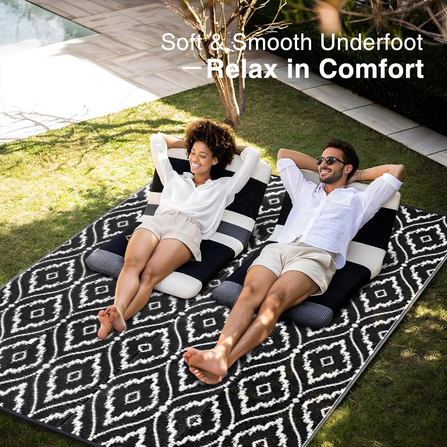 OLANLY Outdoor Rug 6x9 ft Waterproof, Outdoor Plastic Straw Rug with Geometric Pattern Clearance, Reversible RV Mat for Patio, Camping, Balcony, Deck, Backyard, Black & White