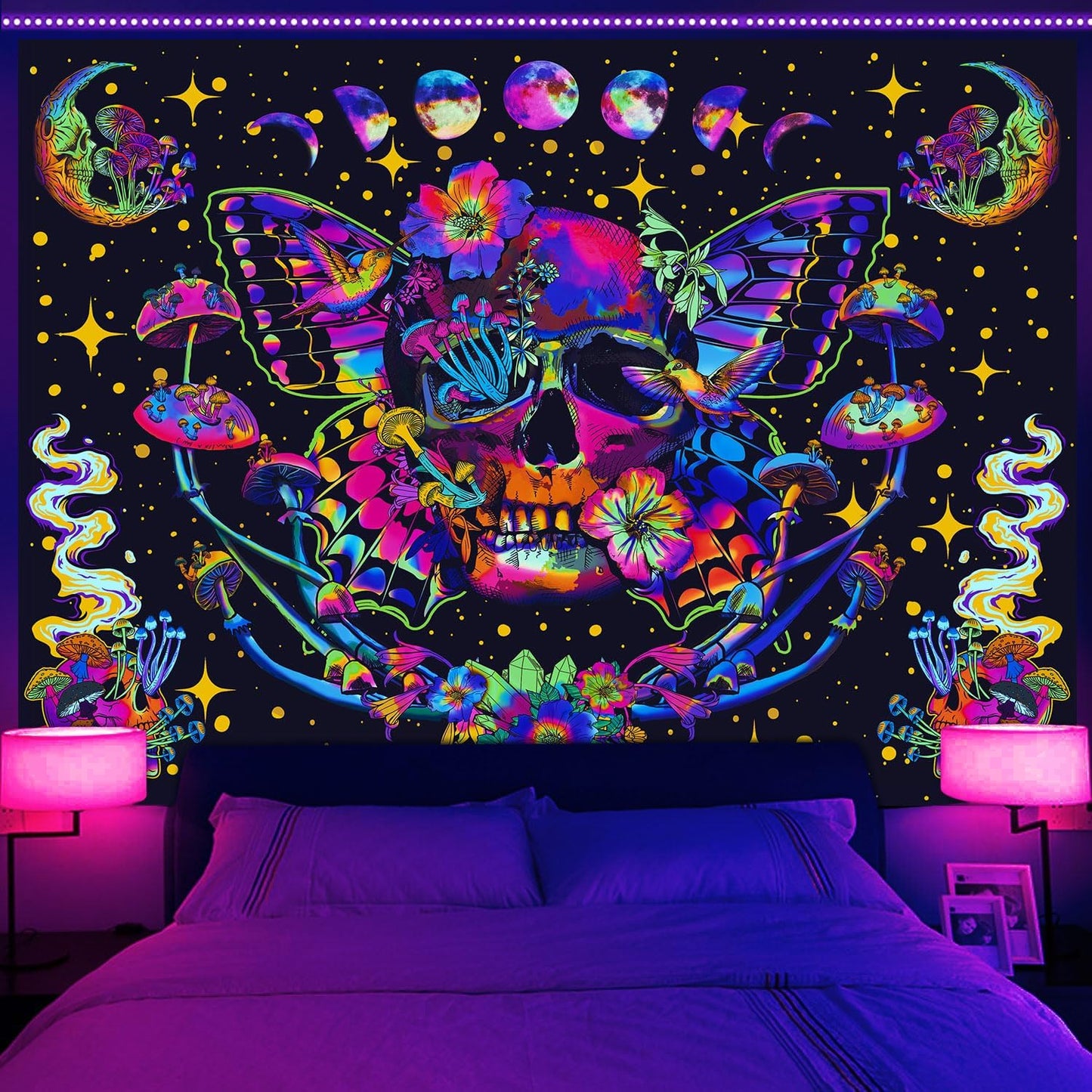 Xiaoput Blacklight Skull Tapestry for Bedroom & Living Room, UV Reactive Mushroom Butterfly & Moth Moon Flowers Tapestry, Hippie Skeleton Wall Hanging 70x60IN