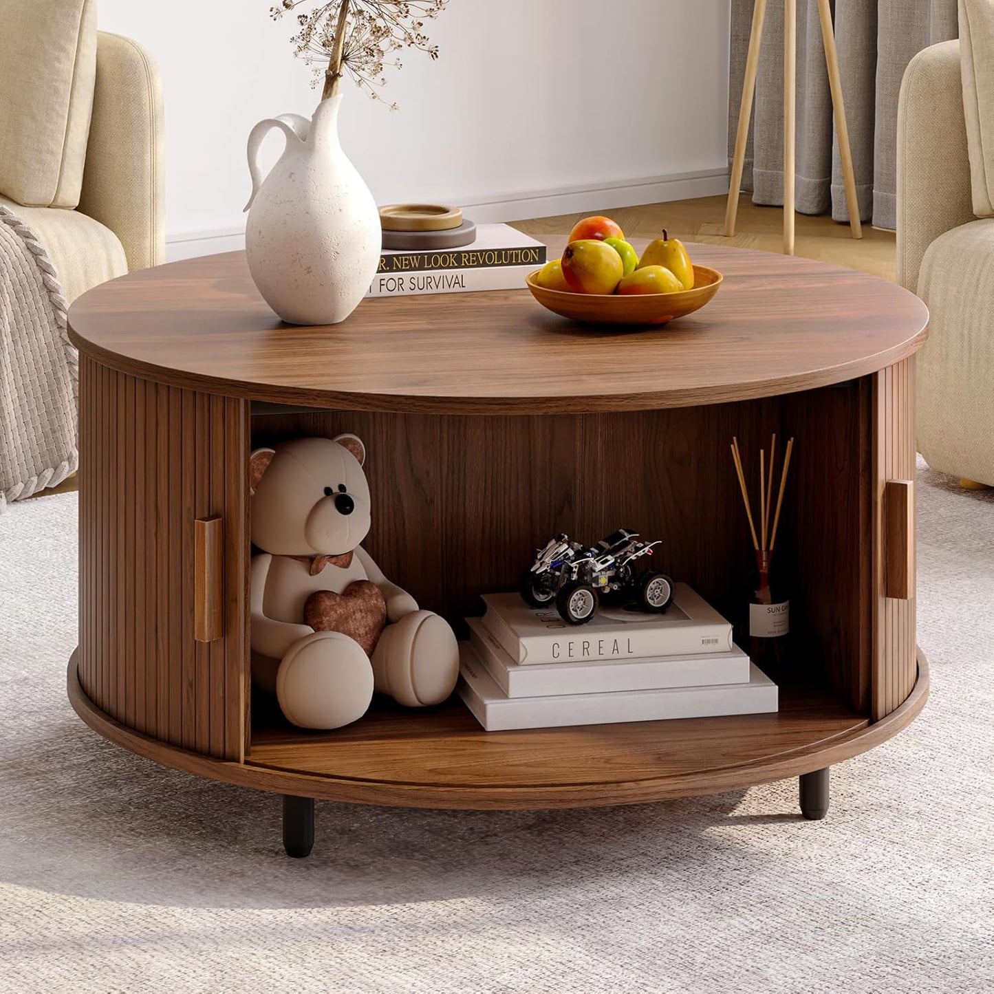 Round Coffee Table with Storage, 31.5" Modern Coffee Table with 360° Curved Sliding Door, Fluted Wood Accent Coffee Table with Adjustable Footpads, Round Center Table for Living Room, Walnut