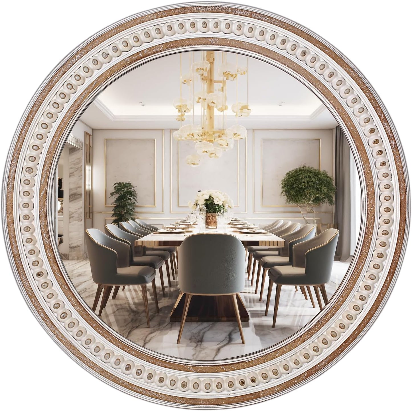 32'' Boho Wooden Large Round Wall Mirrors, Rustic Farmhouse Circle Mirrors Decorative for Bathroom, Bedroom Over Sink, Living Room, Entryway