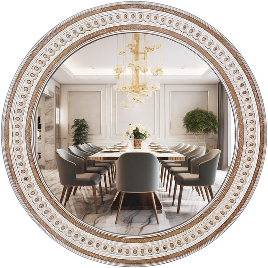 32'' Boho Wooden Large Round Wall Mirrors, Rustic Farmhouse Circle Mirrors Decorative for Bathroom, Bedroom Over Sink, Living Room, Entryway