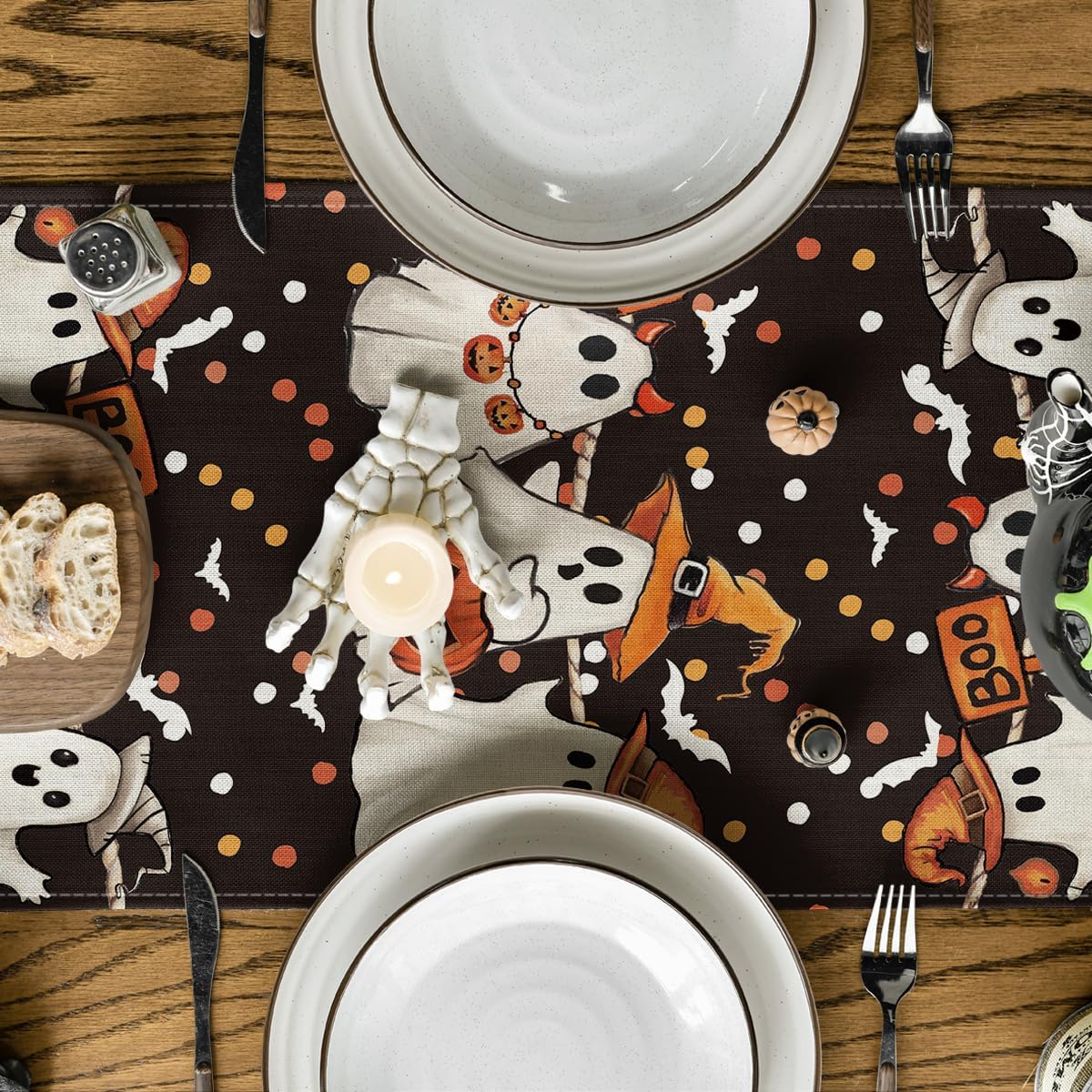 Artoid Mode Ghost Jack-O'-Lantern Black Cat Halloween Table Runner,Holiday Kitchen Dining Table Decoration for Home Party Decor 13 x 60 Inch