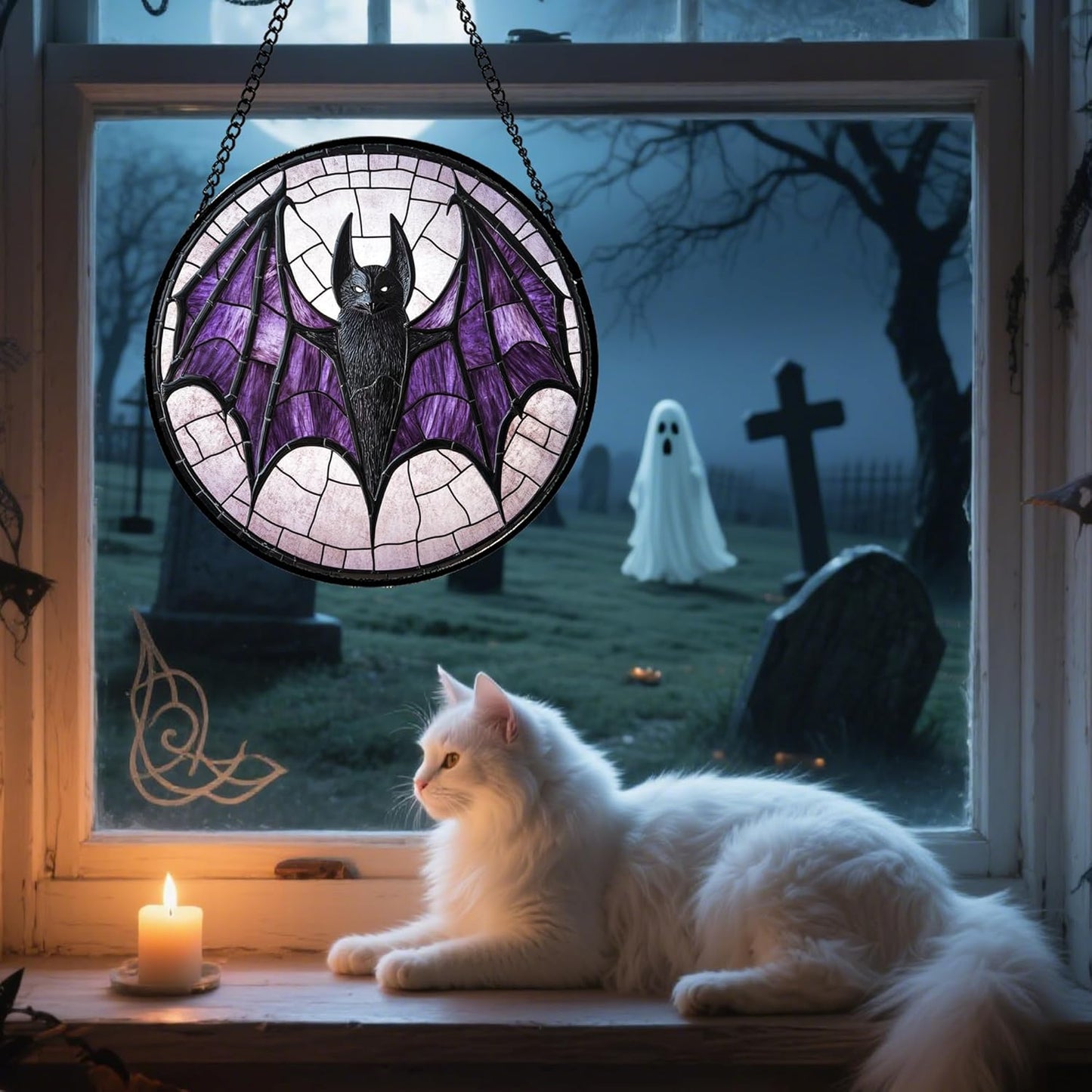 Stained Glass Window Hanging - Halloween Black Bat Purple Wings Monster Suncatcher for Doors Garden Home Spooky Sun Catchers Gothic Decor Horror Gift for Women Men Friend Boy Girl 6.3 in