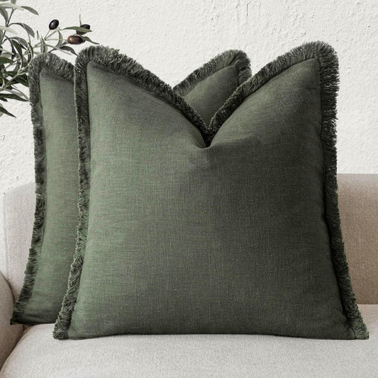 Foindtower Set of 2 Decorative Linen Fringe Throw Pillow Covers Cozy Farmhouse Cushion Cover with Tassels Accent Pillowcase for Couch Chair Sofa Bed Living Room Home Decor,18×18 Inch,Dark Olive Green