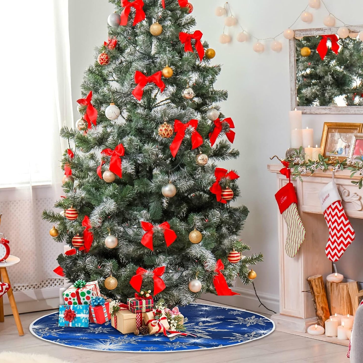 Christmas Blue Snowflakes Background Tree Skirt, Seasonal Tree Mat Holiday Party Supplies Ornaments Indoor Outdoor Decorations for Tabletop Trees 47.2 Inches