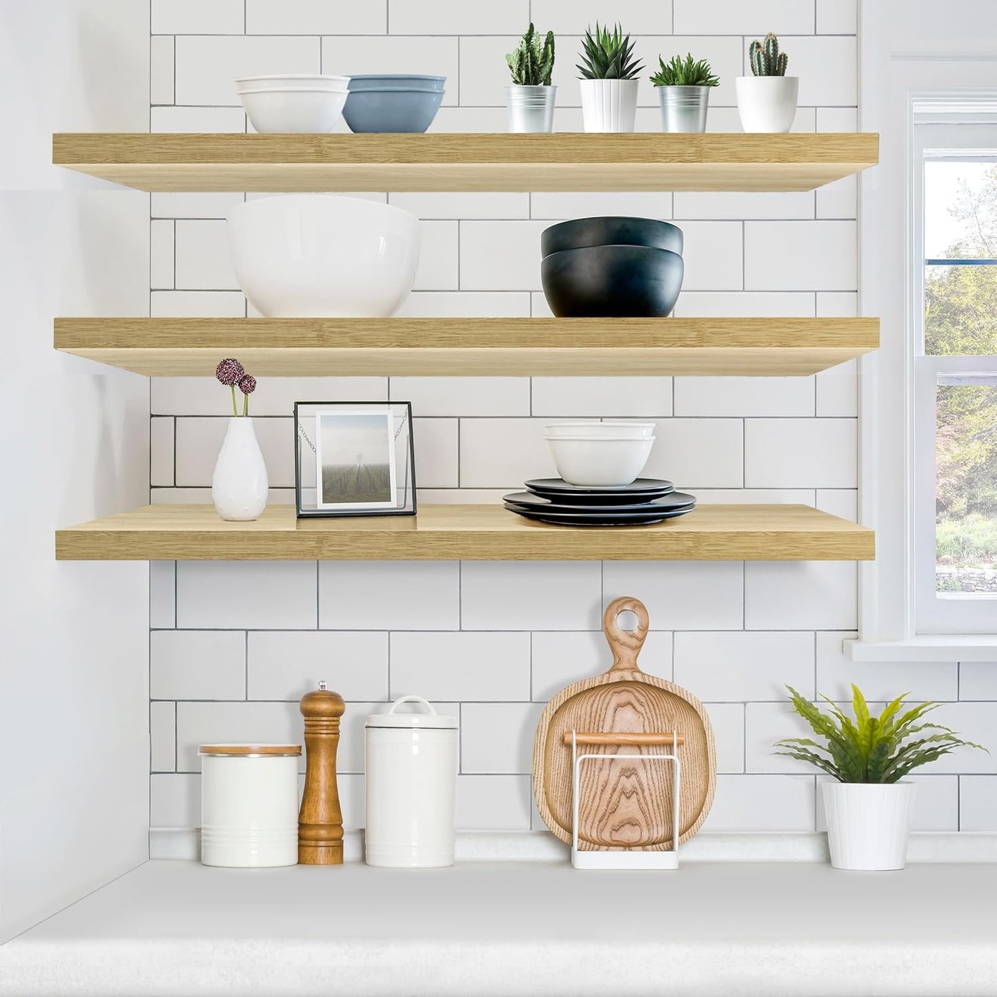 Sorbus Floating Shelves for Wall - 35 Inch Long Bathroom Shelves, Wall Decor for Bedroom, Kitchen, Living Room & Book Storage - Mounted Floating Shelf with Invisible Brackets (Maple Wood, 3 Pack)