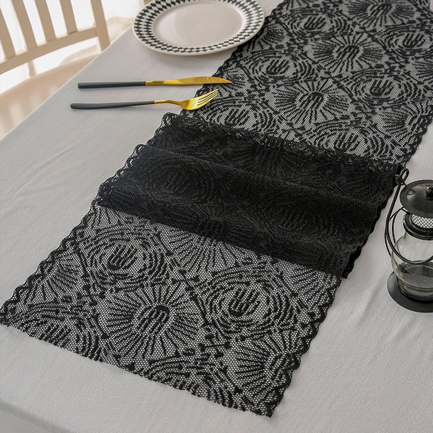 Halloween Black Lace Table Runner Ghost Hand Pattern Gothic Table Decorations Fireplace Mantel Scarf Halloween Indoor Party Tabletop Decor Supplies for Home Party 12×71 Inches