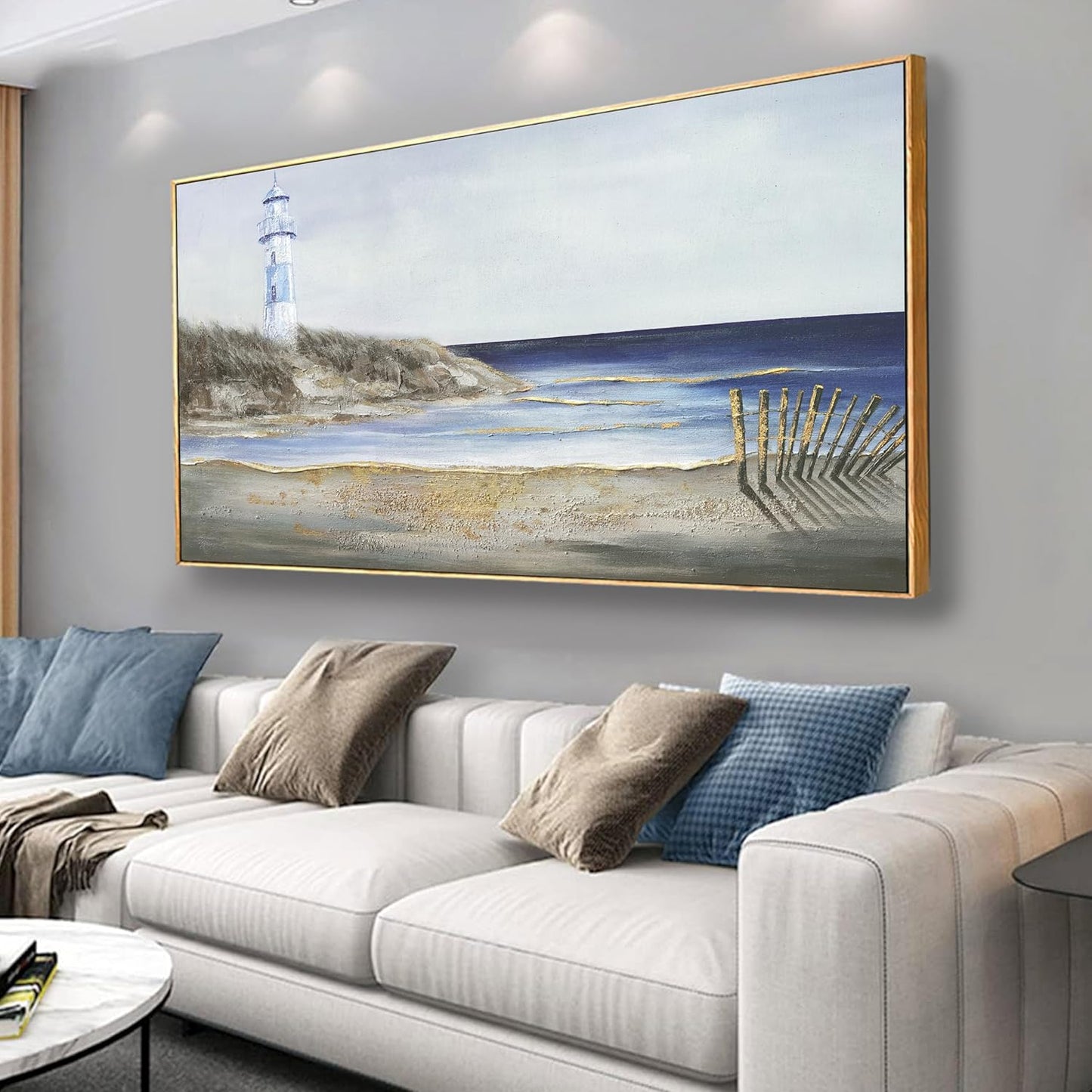 Yuaxker Ocean Wall Art Blue and Grey Wall Decor Framed Canvas Painting Coastal Aesthetic Artwork for Living Room Bedroom Dining Room Office Home Decor 24x48 Inch