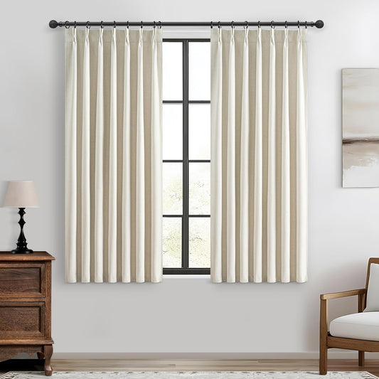 Warm Cream Insulated Thermal Textured Pinch Pleated Cafe Short Curtains 45 Inch Length,Blackout Drapes Flax Linen 2 Panels Set Bathroom/Basement/Kitchen Curtain for Small Half Window Light Beige
