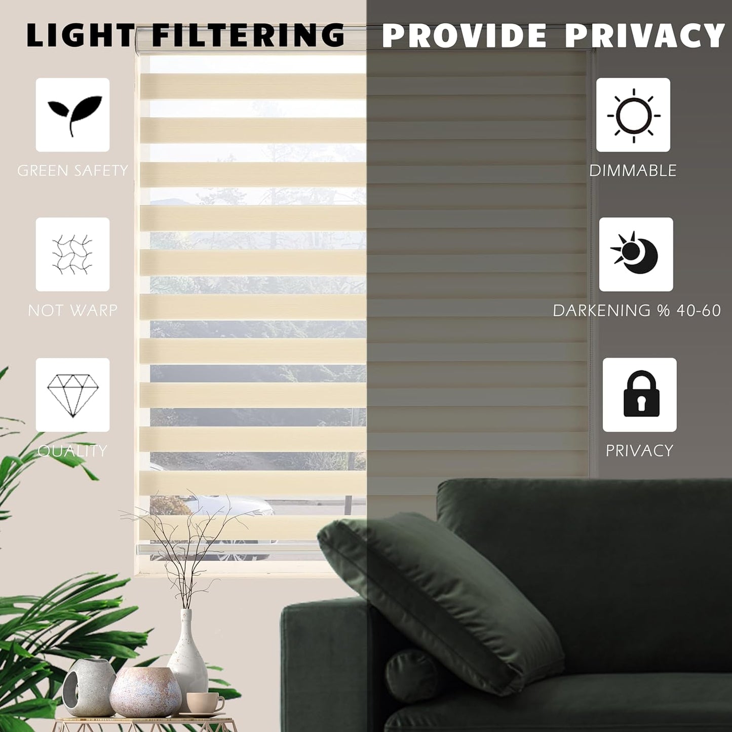 Zebra Blinds for Windows, Free-Stop Zebra Shades, Dual Layer Light Filtering Sheer Blinds for Indoor Windows, Roller Window Shades for Privacy (25" W X 72" H, Cream)