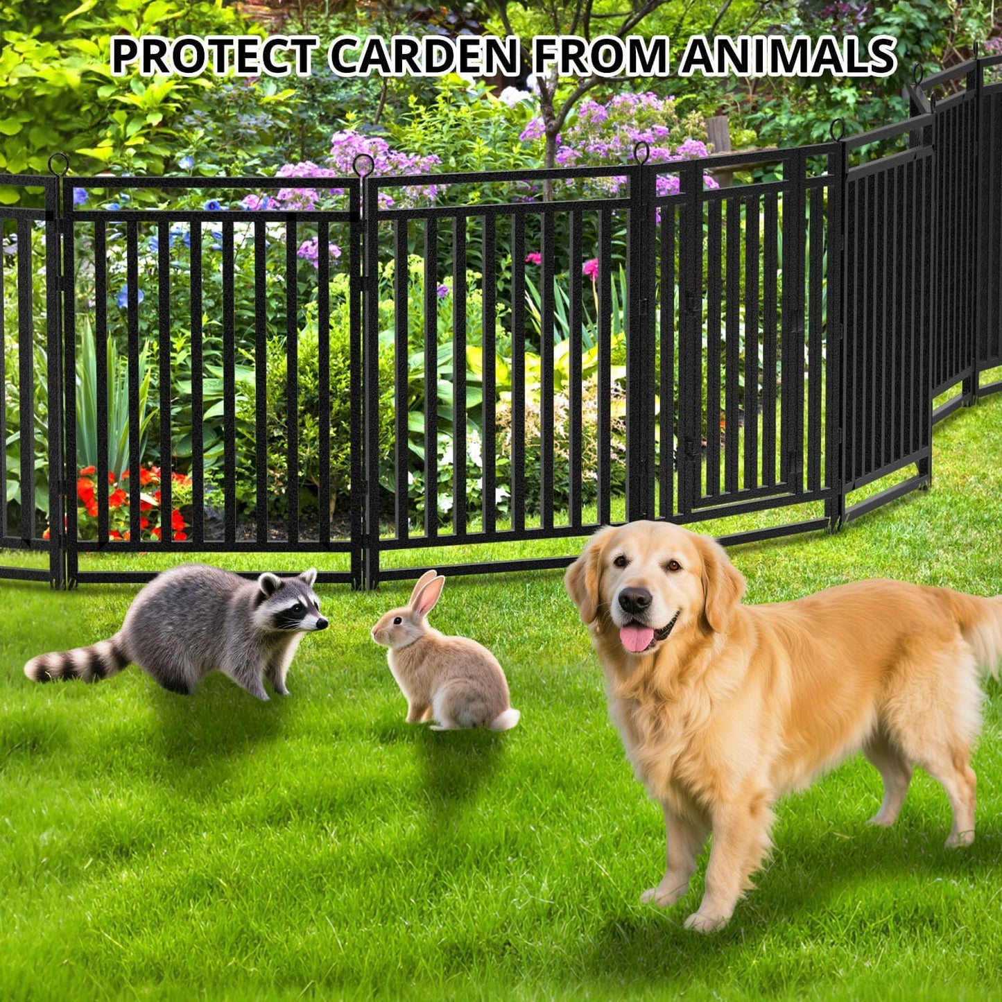 Decorative Garden Fence Large Dog Fence Outdoor for Yard, 72ft (L) × 40in (H), 28 Panels + 4 Gates, Metal Animal Barrier Fencing for Patio & Flower Bed, No Dig, Black-Silver