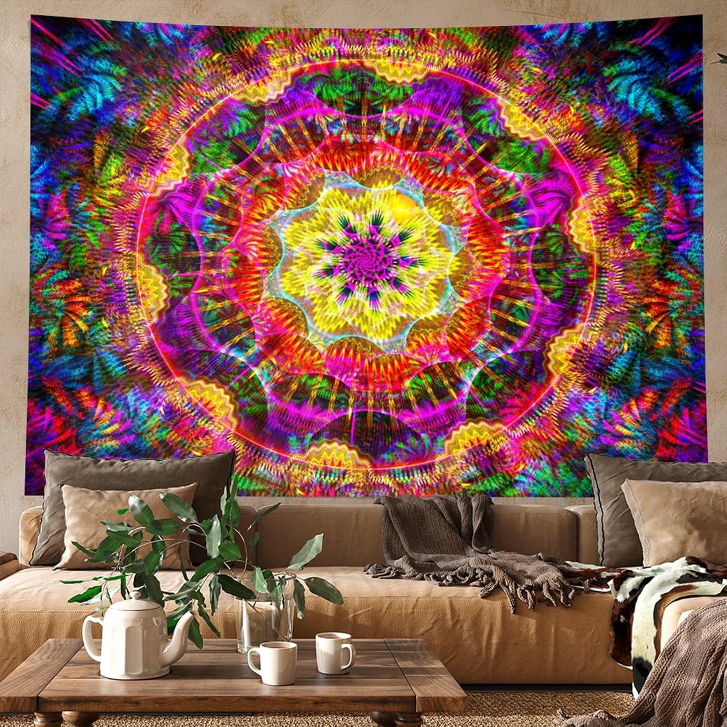 PSYHILAR Blacklight Mandala Tapestry for Bedroom, Psychedelic Black Light Posters for Adults and Teens, Colorful UV Reactive Aesthetic Bohemian Art Wall Hanging Decor (80 x 60 Inches)